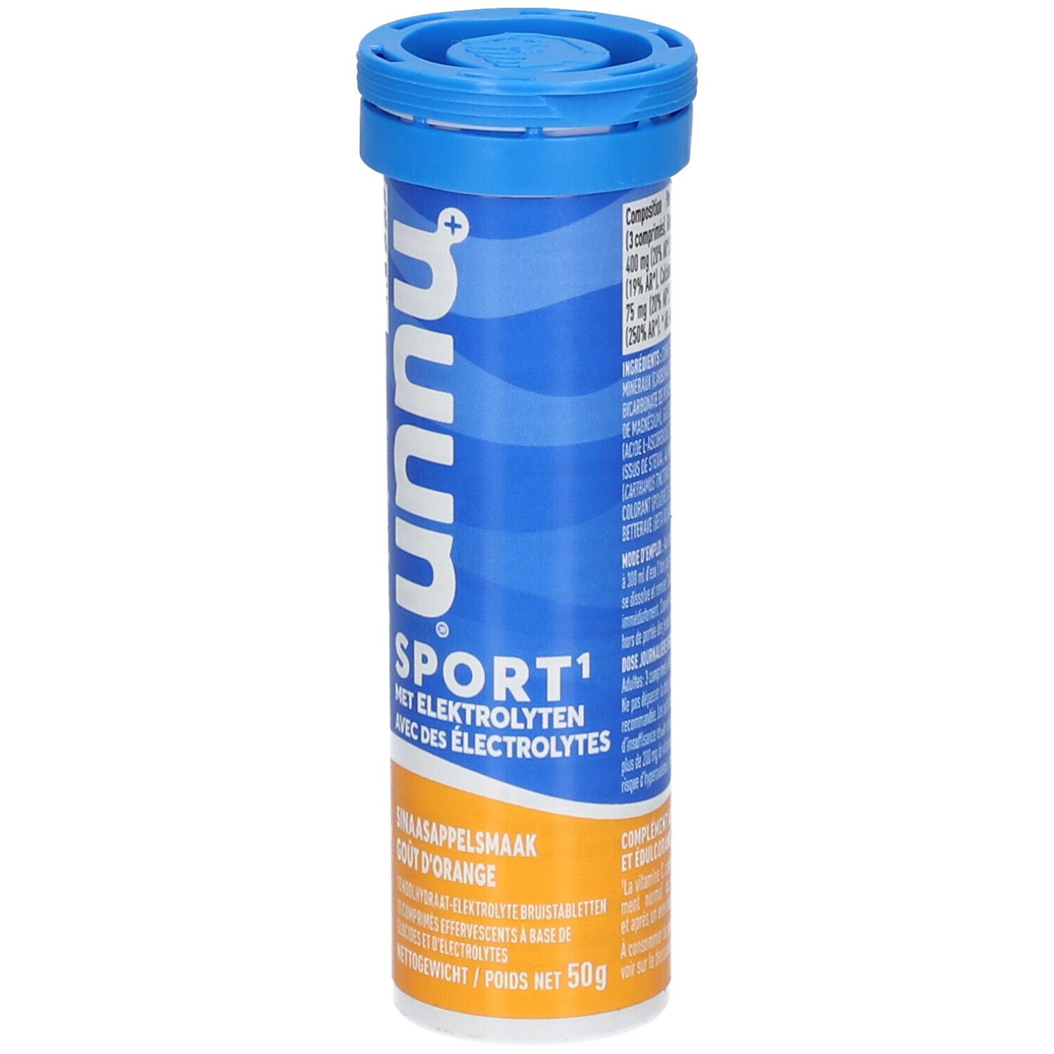 Zylindrische Tube mit blauem Deckel. Aufschrift: nuun Sport1 mit Elektrolyten. Geschmack: Orange. Orangefarbener Boden.