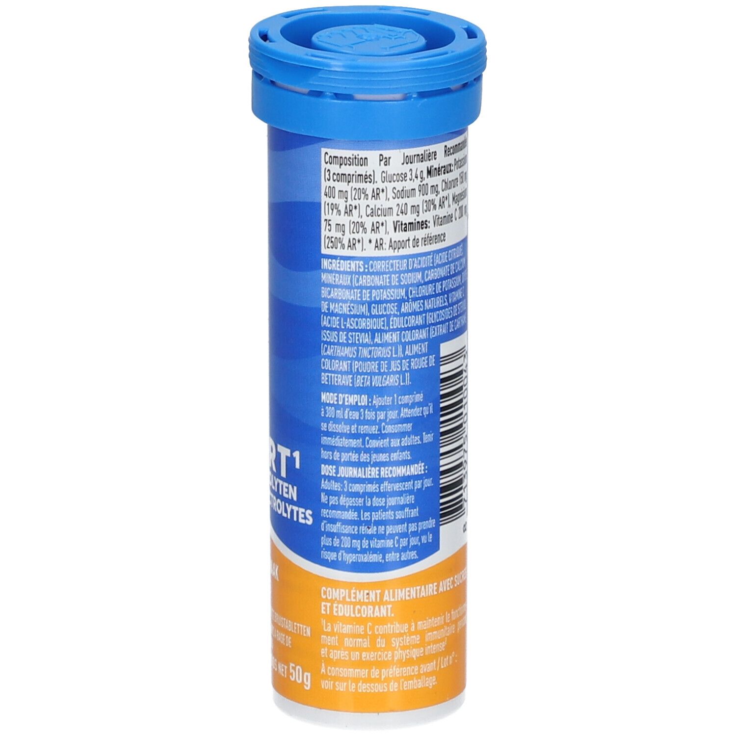 Rückseite der Tube. Auflistung der Inhaltsstoffe und Nährwerte. Blaue und orangefarbene Farbgebung. Text in mehreren Sprachen.