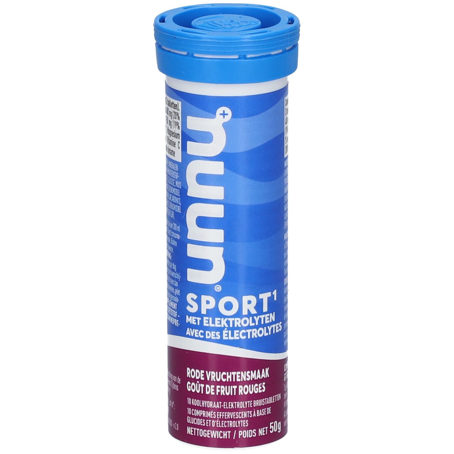 Zylindrische Tube mit blauer Kappe. Aufschrift: nuun SPORT, Rote Früchte. Enthält Elektrolyte.