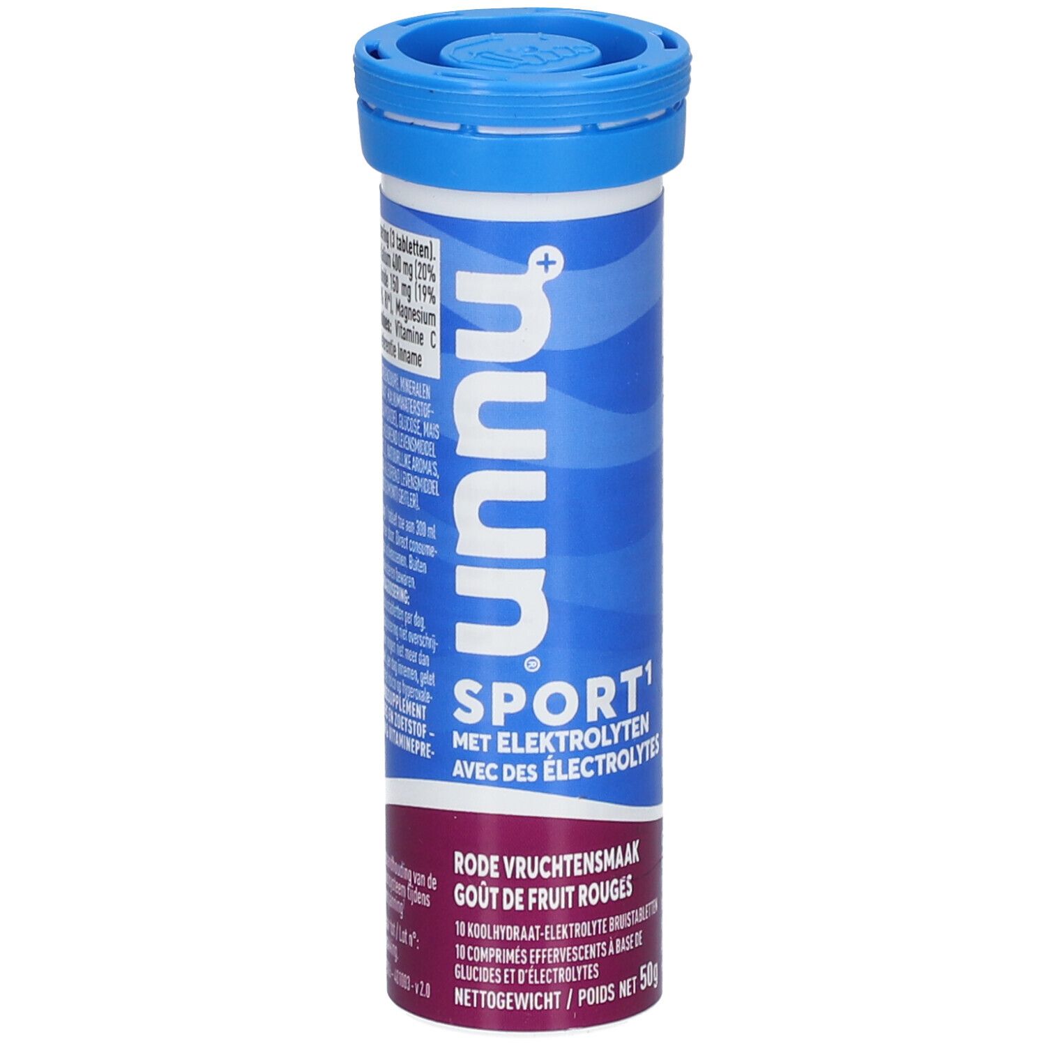 Zylindrische Tube mit blauer Kappe. Aufschrift: nuun SPORT, Rote Früchte. Enthält Elektrolyte.