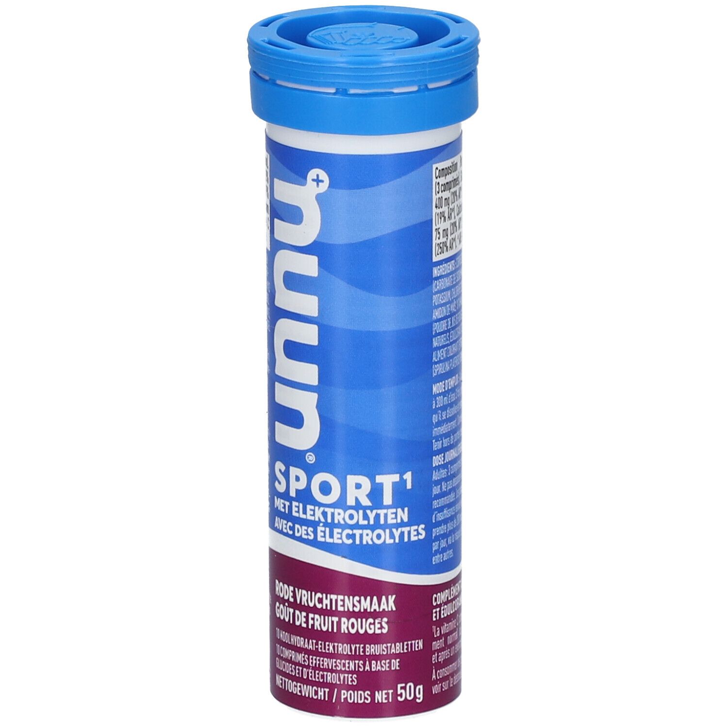 Zylindrische Tube mit blauer Kappe. Aufschrift: nuun SPORT, Rote Früchte. Enthält Elektrolyte.
