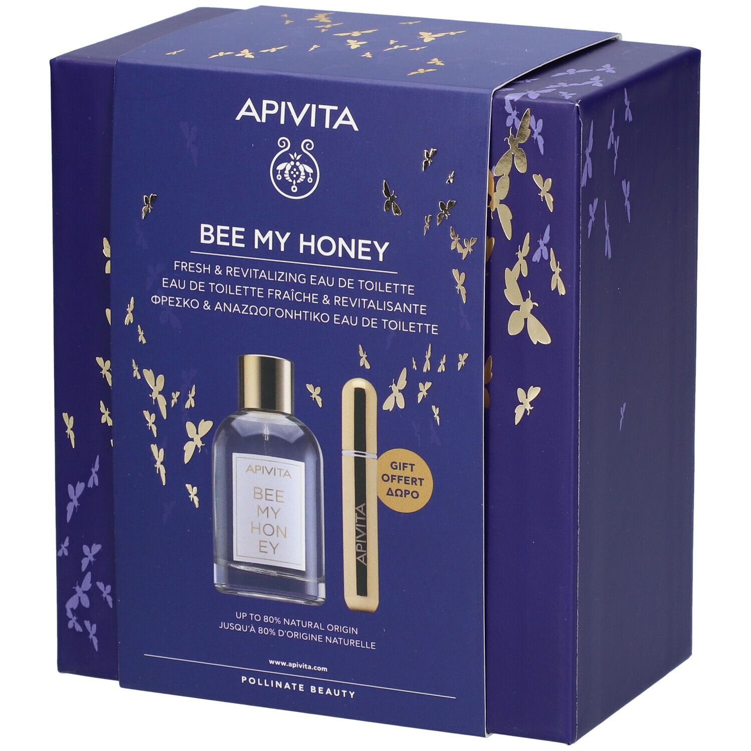 Coffret bleu foncé avec papillons dorés. Contient une bouteille et un vaporisateur. Inscription : Bee My Honey.