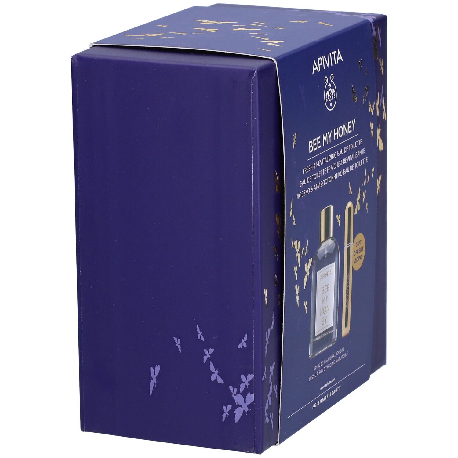 Coffret bleu foncé, vue latérale. Papillons dorés et texte. Contient une bouteille et un vaporisateur.