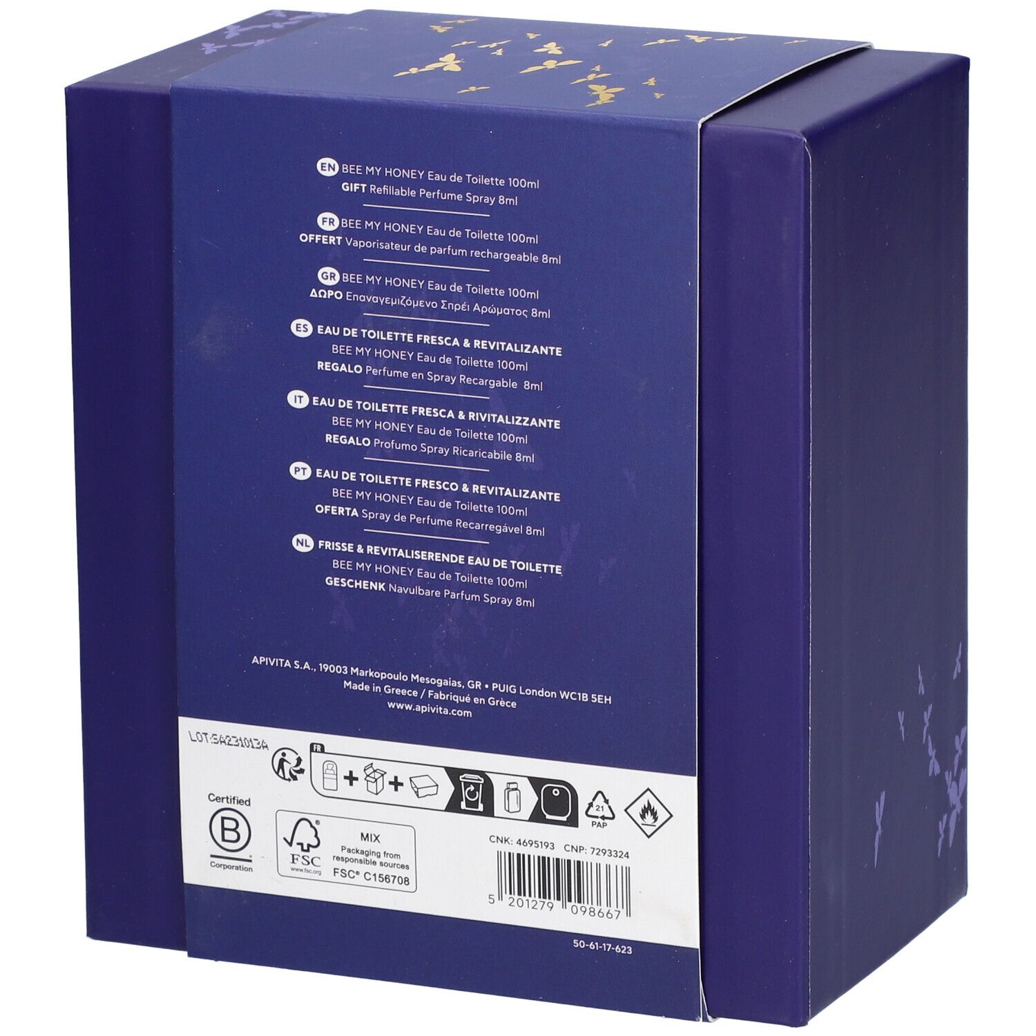 Dos du coffret cadeau. Texte multilingue, dont 'Bee My Honey'. Contient des informations sur les ingrédients et le fabricant.