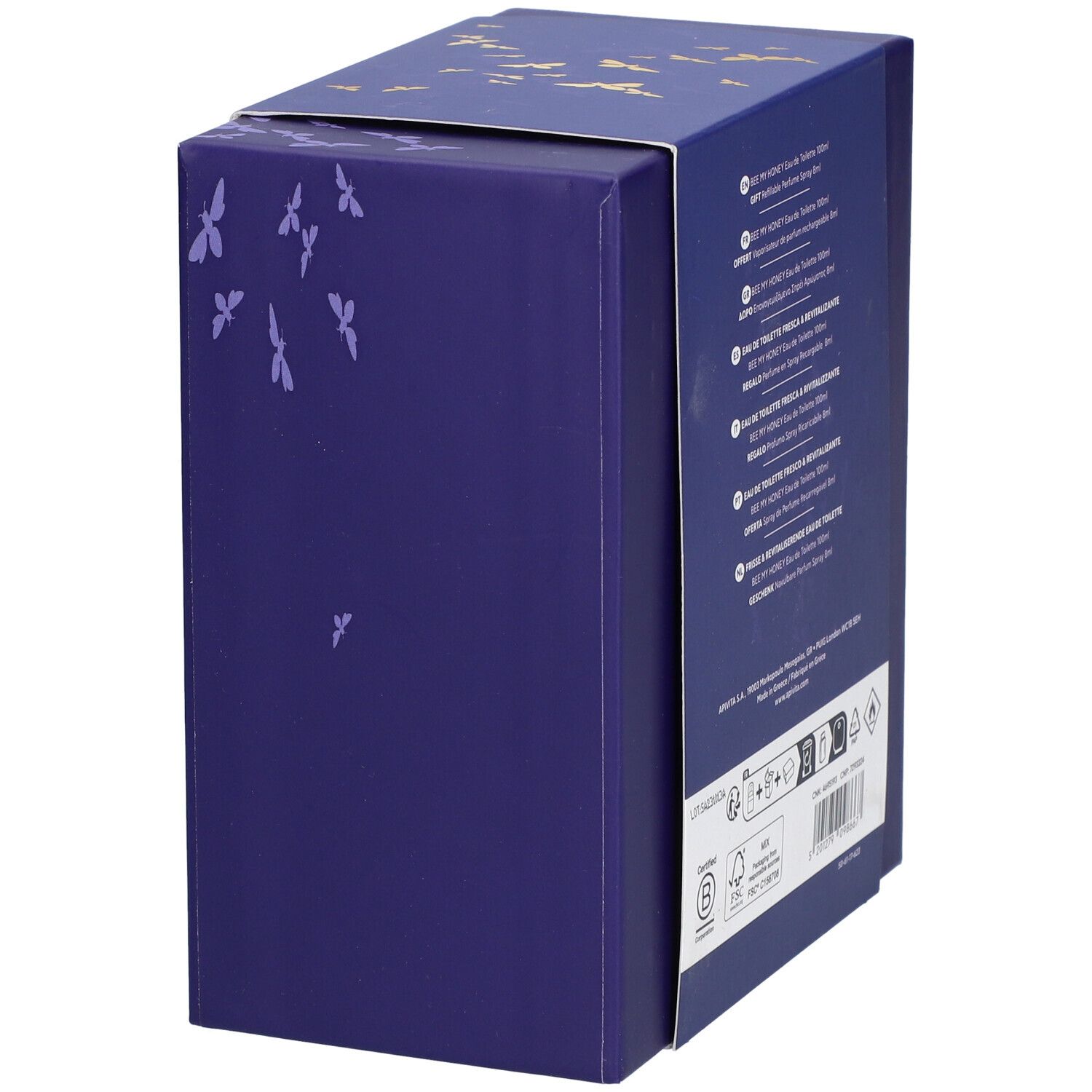 Coffret cadeau bleu foncé, vue latérale. Papillons dorés et texte. Contient des informations sur les ingrédients et le fabricant.