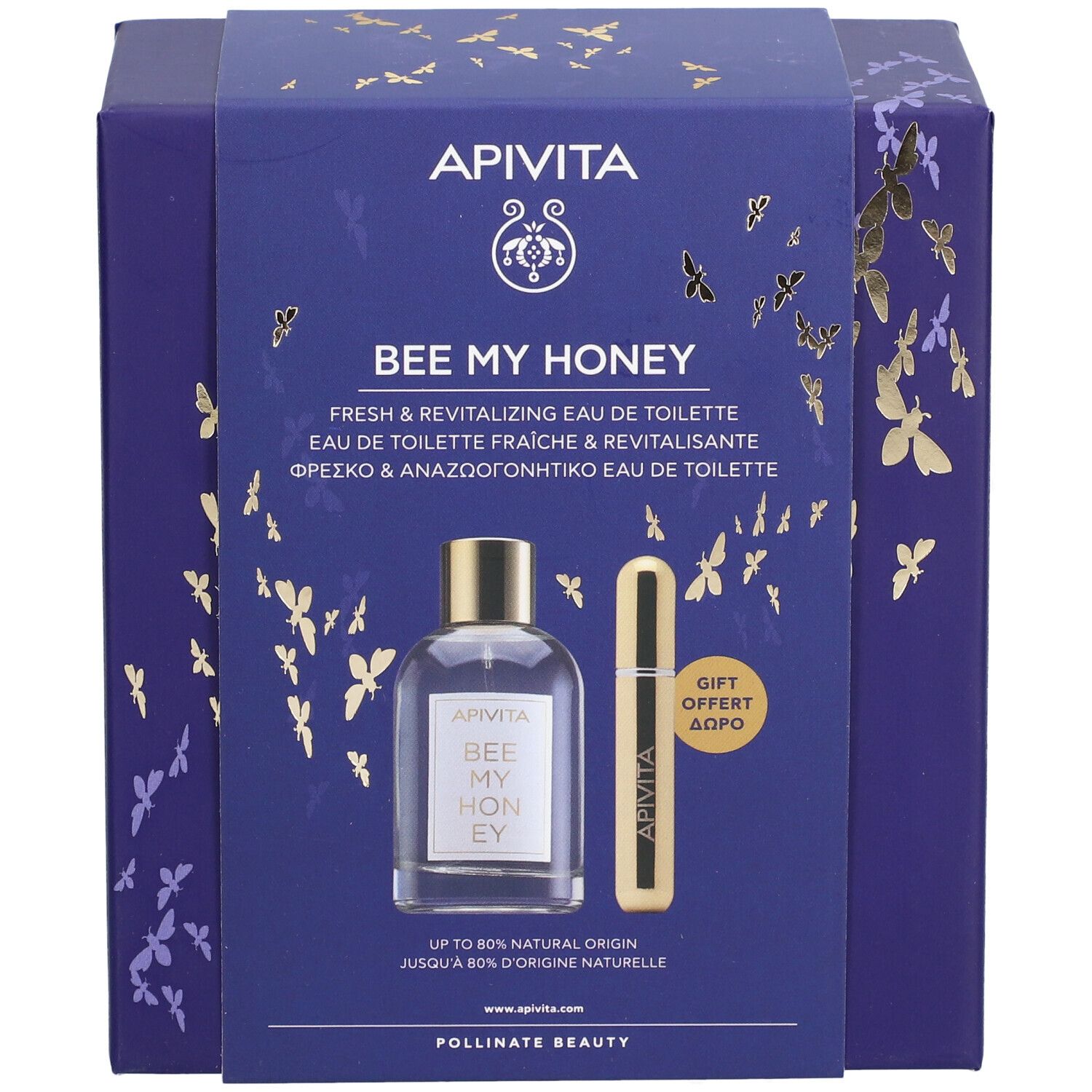 Coffret bleu foncé avec flacon et vaporisateur. Inscription : Bee My Honey. Papillons dorés et logo.