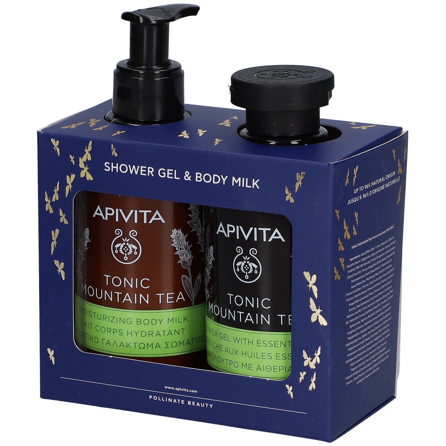 Geschenkset met twee flessen. Eén fles met pomp, één met dop. Opschrift: Apivita, Tonic Mountain Tea.