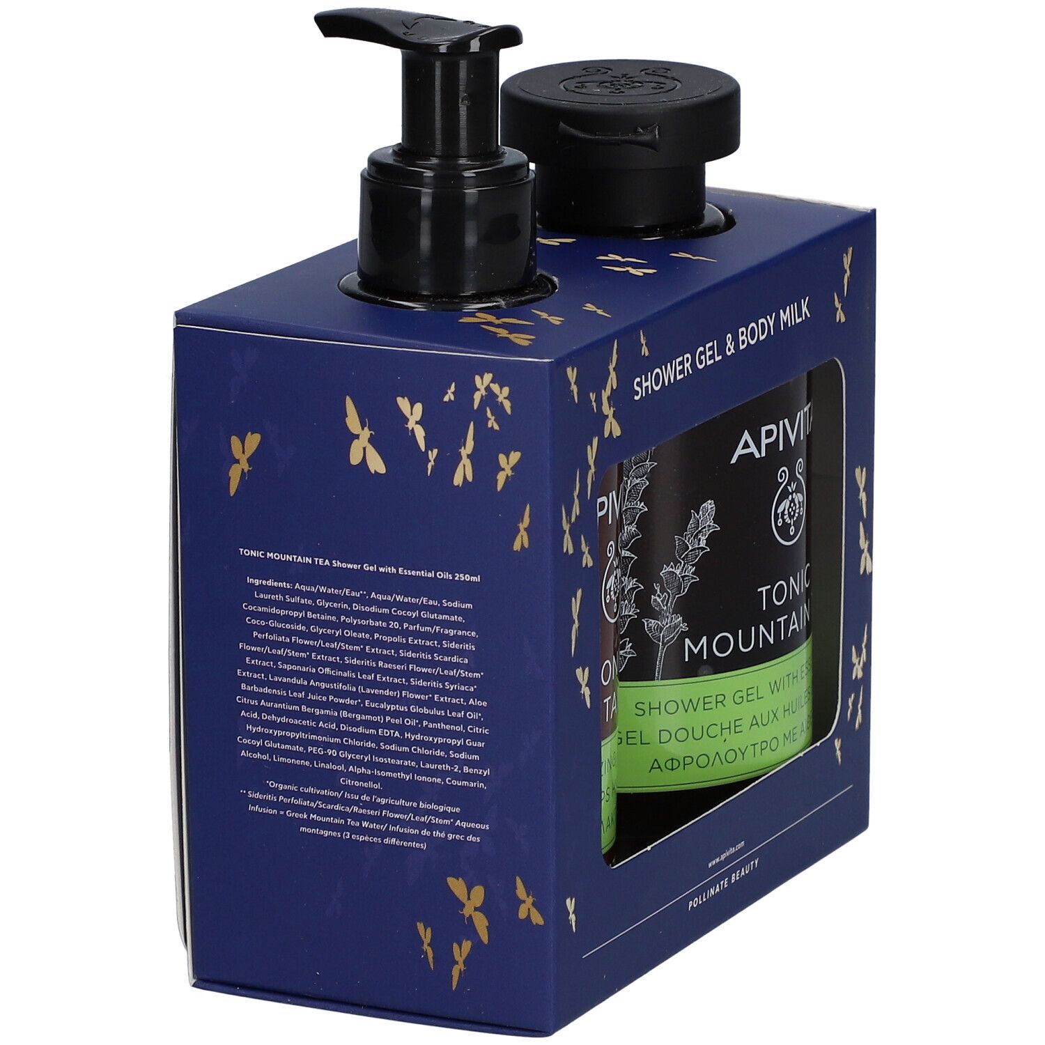Geschenkset in blauwe verpakking. Twee flessen, één met pomp, één met dop. Opschrift: Apivita, Tonic Mountain Tea.