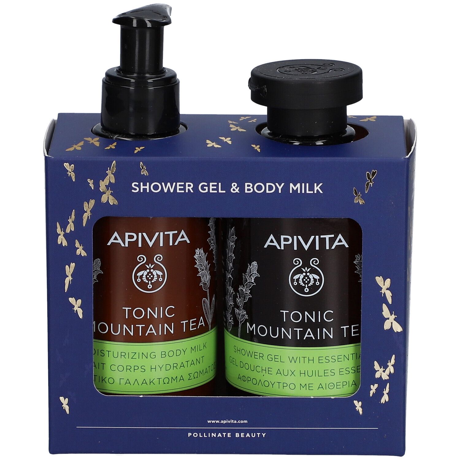 Geschenkset met twee flessen. Eén fles met pomp, één met dop. Opschrift: Apivita, Tonic Mountain Tea.