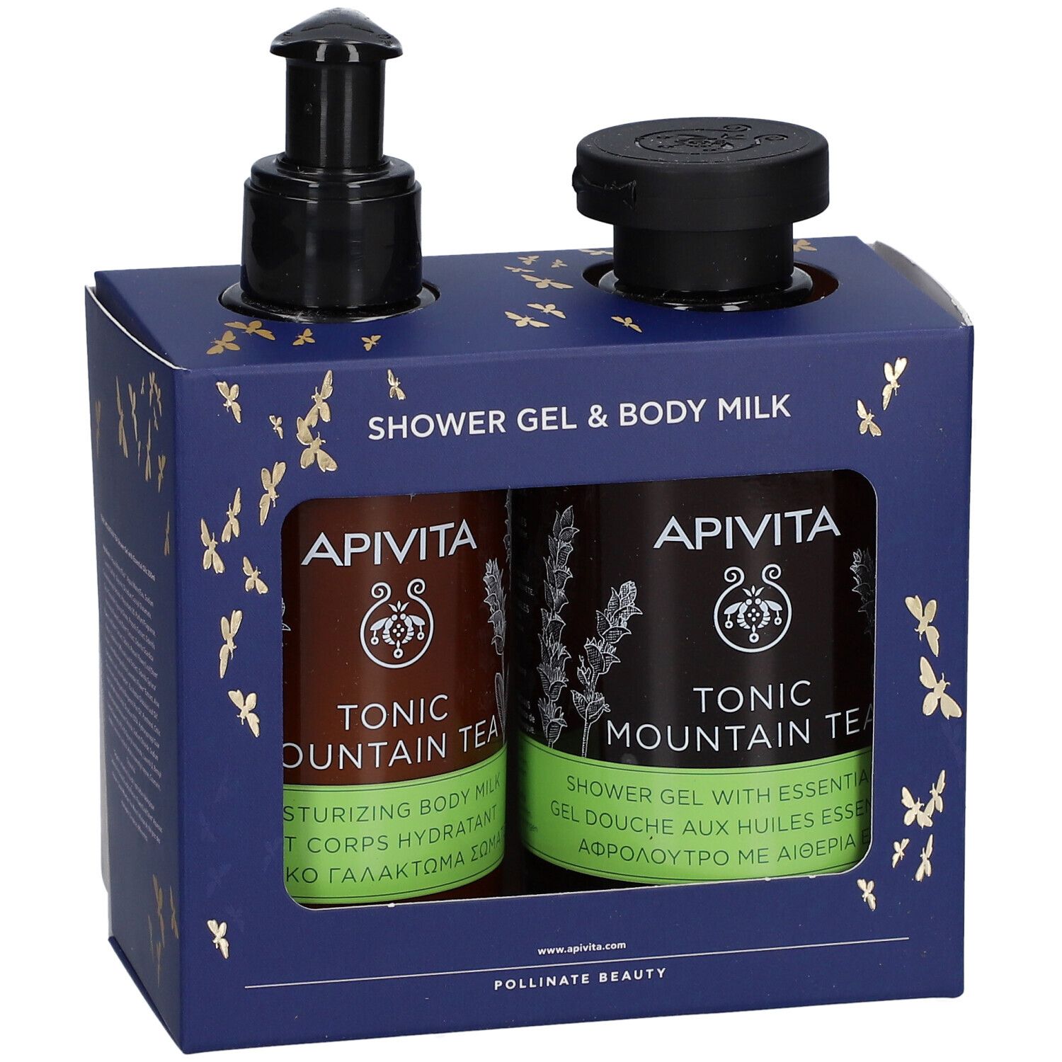 Geschenkset met twee flessen. Eén fles met pomp, één met dop. Opschrift: Apivita, Tonic Mountain Tea.