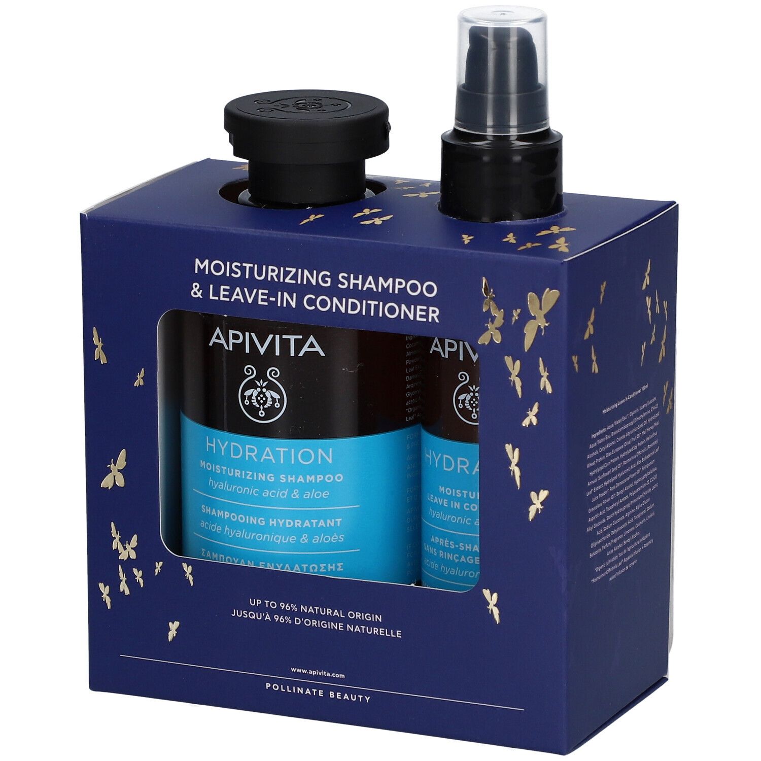 Geschenkset met shampoo en leave-in conditioner. Blauwe verpakking met productnaam en logo. Twee flessen en een pomp.