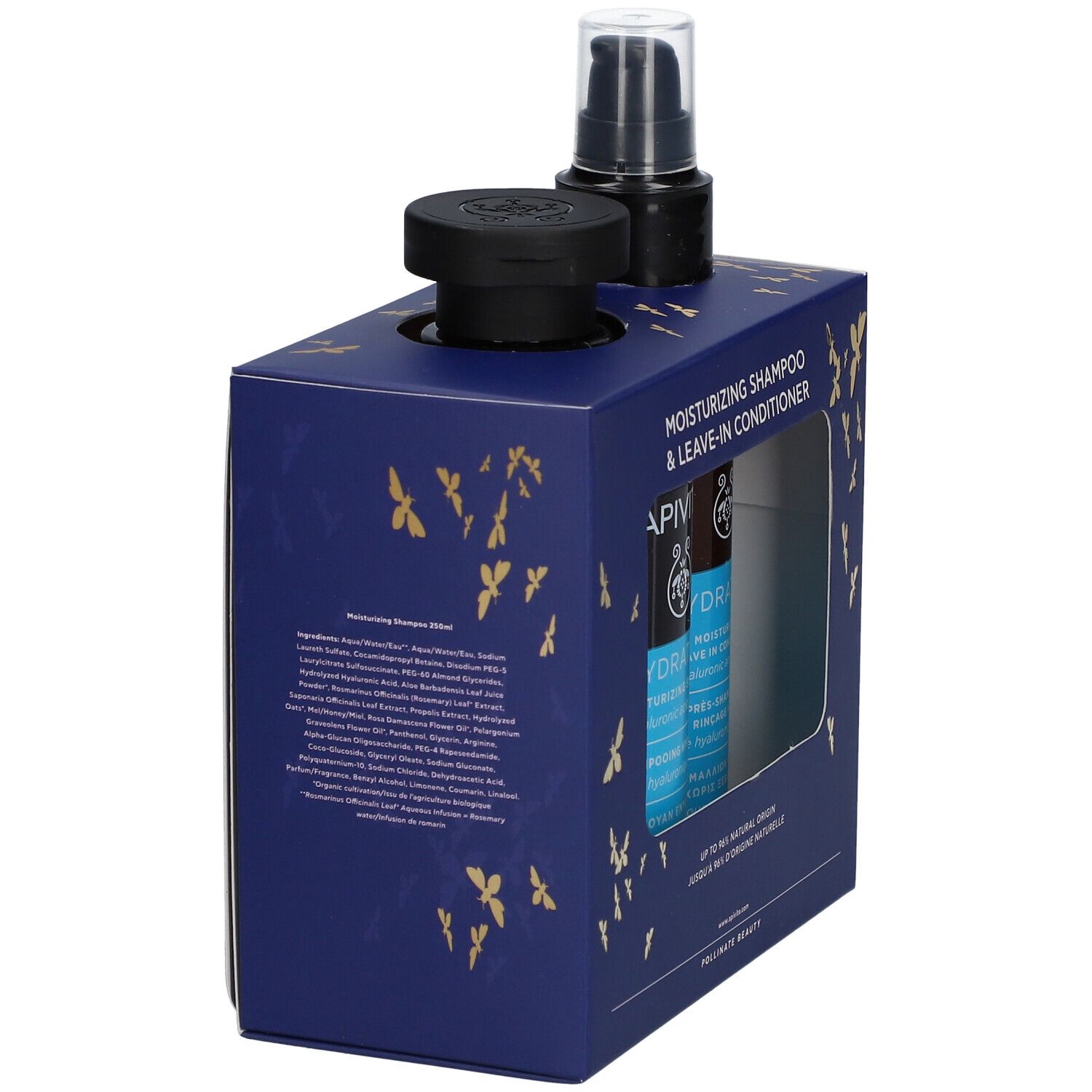 Geschenkset met shampoo en leave-in conditioner. Blauwe verpakking met productnaam en logo. Twee flessen en een pomp.