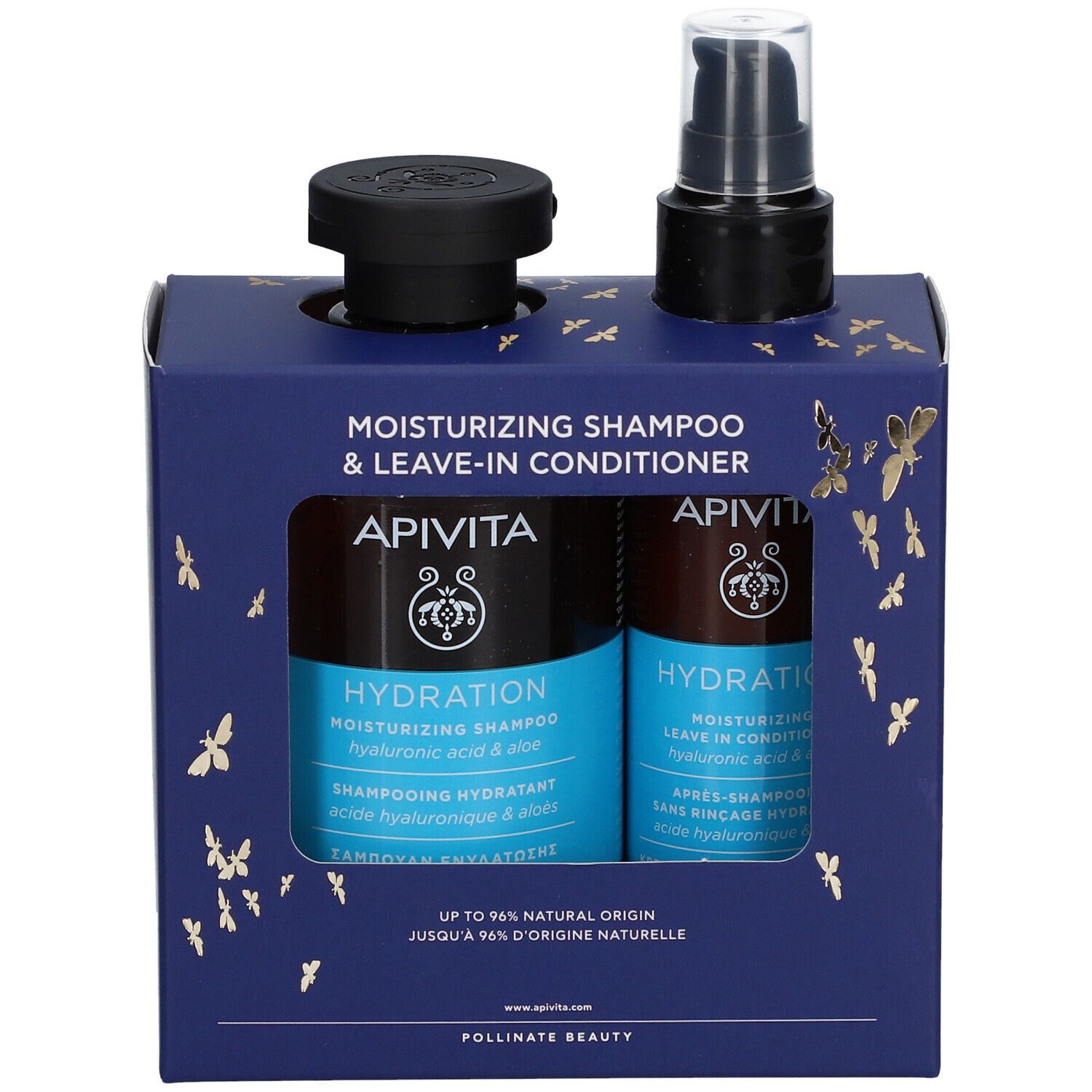 Geschenkset met shampoo en leave-in conditioner. Blauwe verpakking met productnaam en logo. Twee flessen en een pomp.