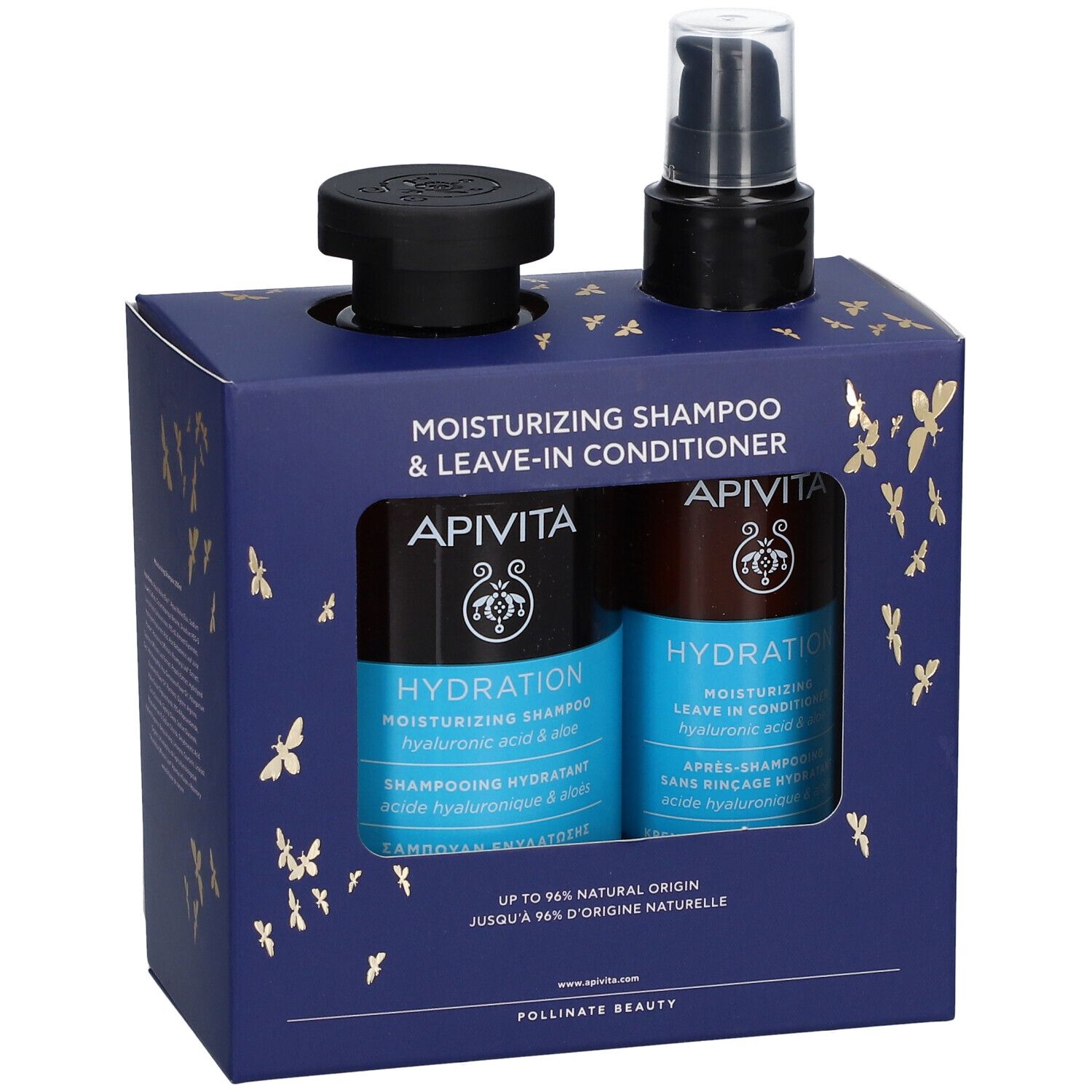 Geschenkset met shampoo en leave-in conditioner. Blauwe verpakking met productnaam en logo. Twee flessen en een pomp.