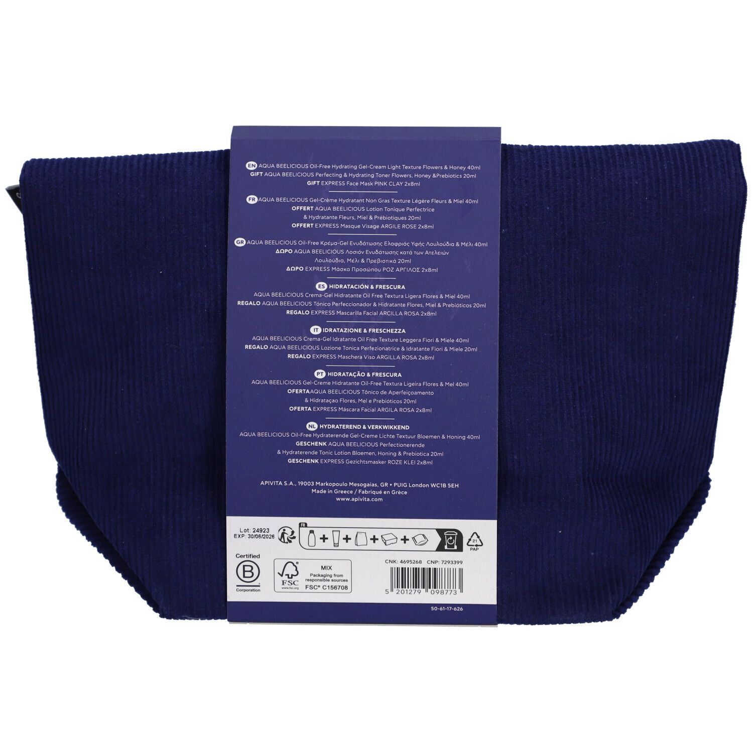 Achterkant van de donkerblauwe toilettas met productinformatie. Tekst in meerdere talen, waaronder Duits en Frans.