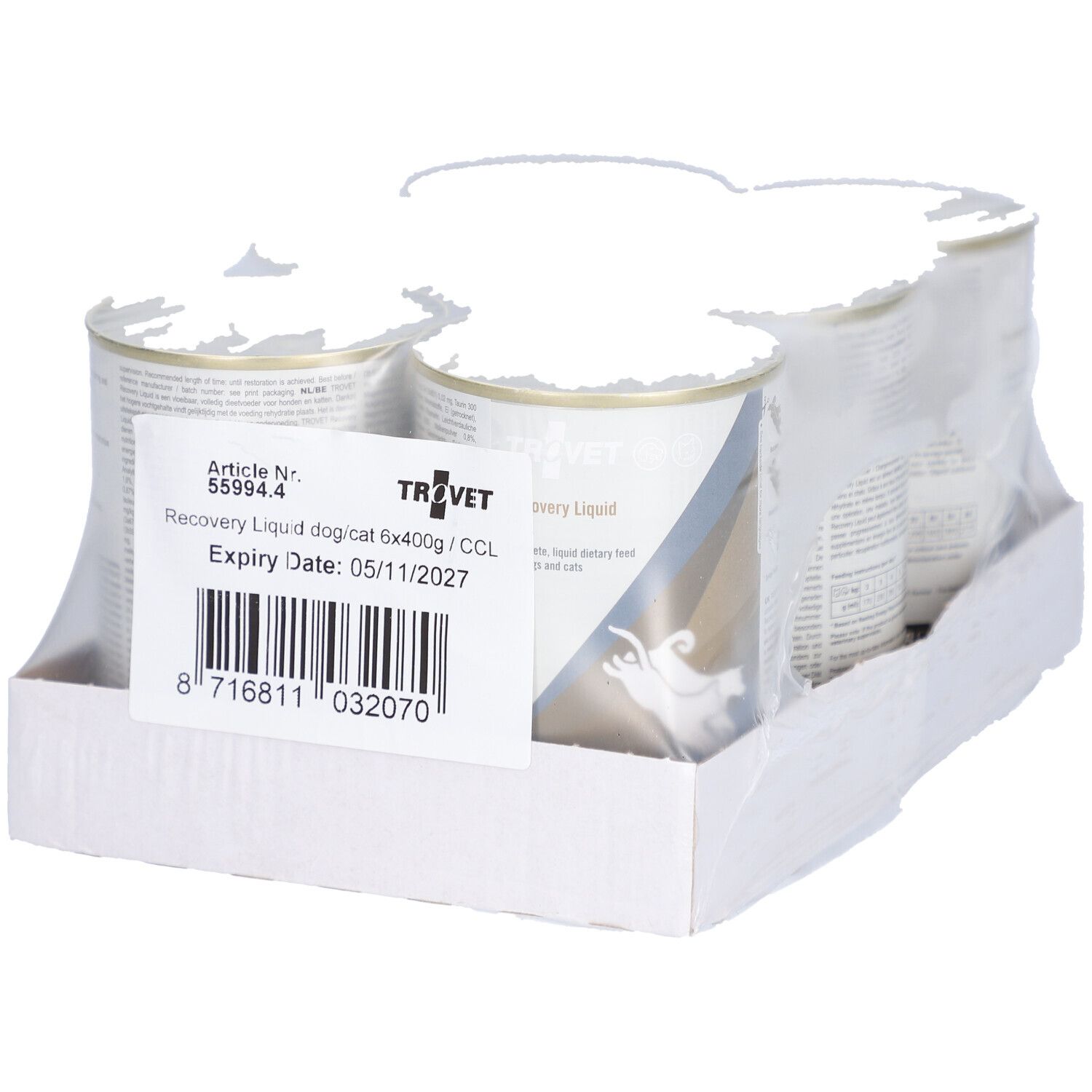 Packung mit sechs Dosen. Aufkleber mit Produktinformationen und Barcode. Marke TROVET.