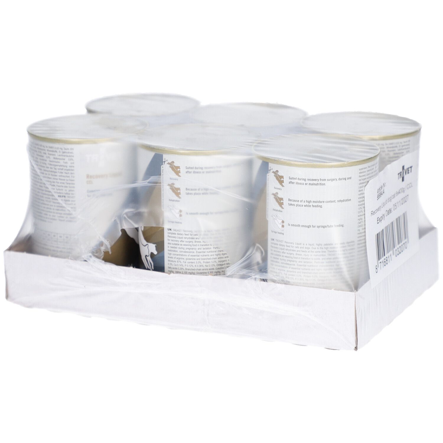 Packung mit sechs Dosen in Folie verpackt. Aufkleber mit Produktinformationen. Marke TROVET.