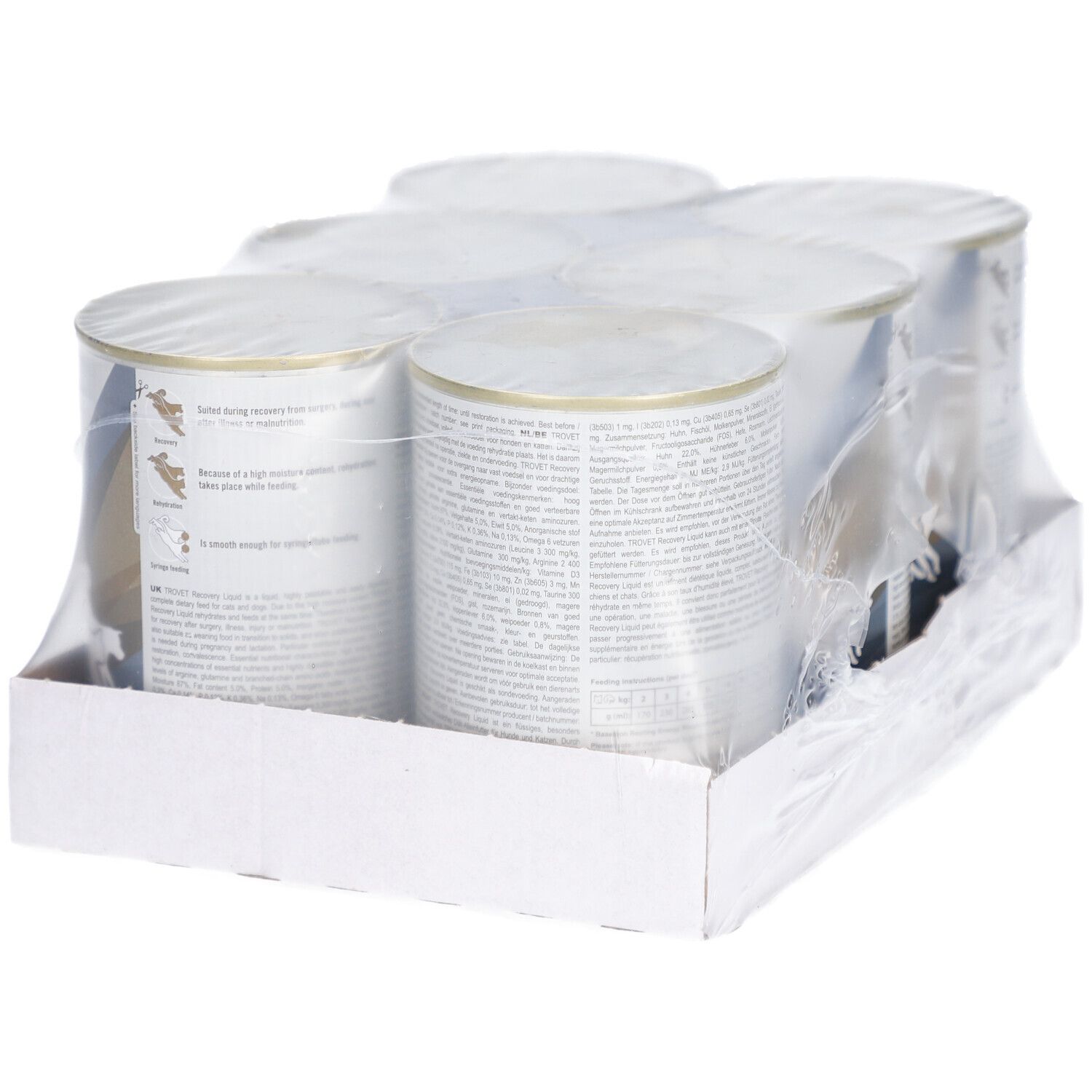 Packung mit sechs Dosen in Folie verpackt. Aufkleber mit Produktinformationen. Marke TROVET.
