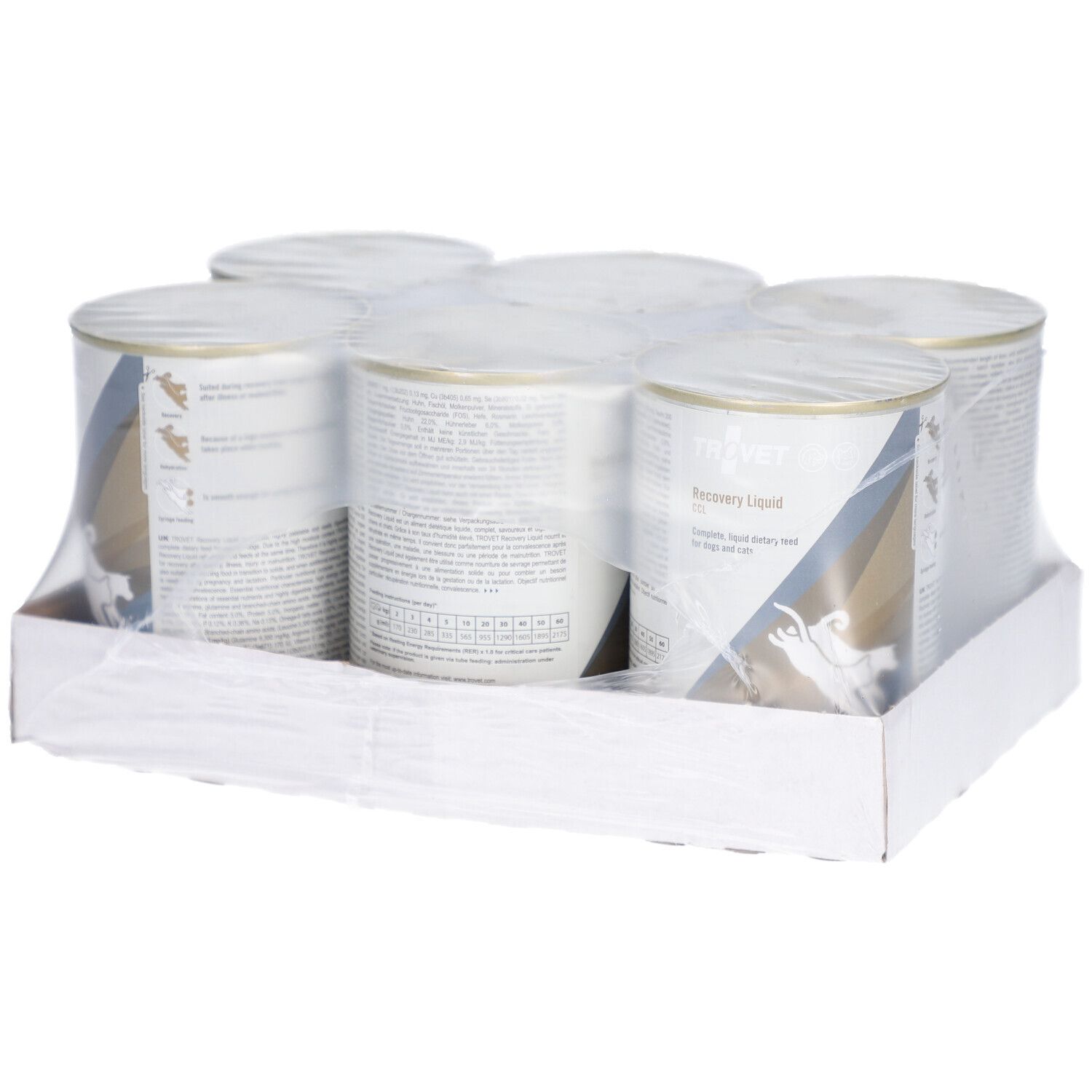 Packung mit sechs Dosen in Folie verpackt. Aufkleber mit Produktinformationen. Marke TROVET.