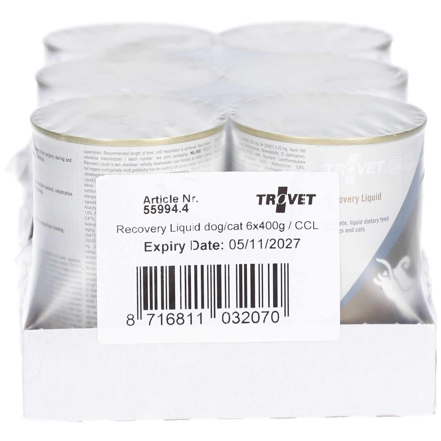 Packung mit sechs Dosen. Aufkleber mit Produktinformationen und Barcode. Marke TROVET.