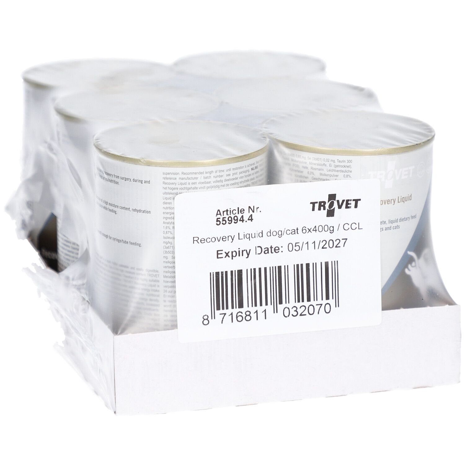 Packung mit sechs Dosen. Aufkleber mit Produktinformationen und Barcode. Marke TROVET.