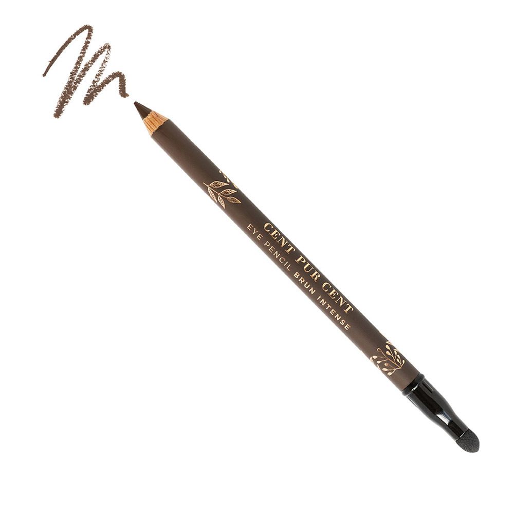 Crayon pour les yeux brun avec pointe et applicateur. Inscription : CENT PUR CENT EYE PENCIL BRUN INTENSE.