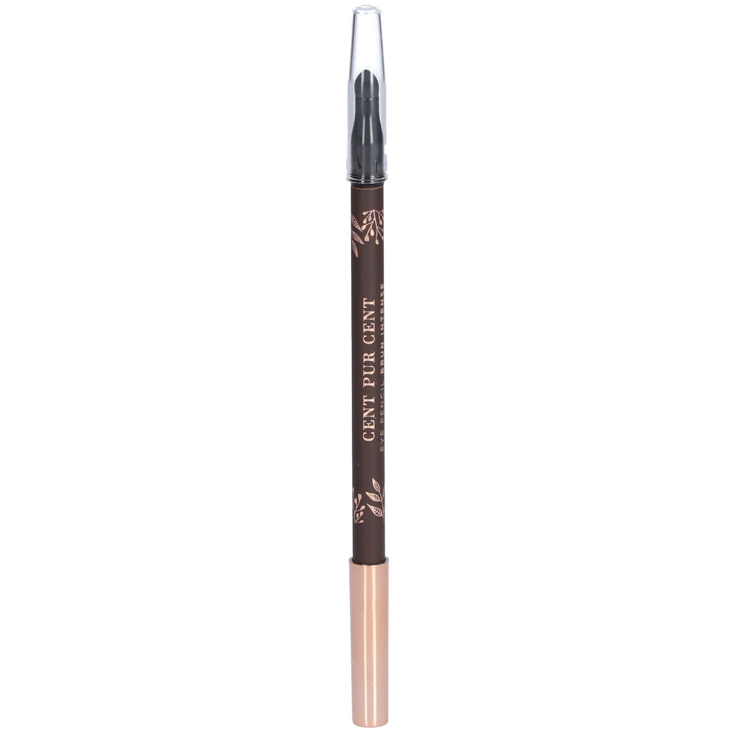 Crayon pour les yeux brun avec capuchon transparent. Inscription : CENT PUR CENT.