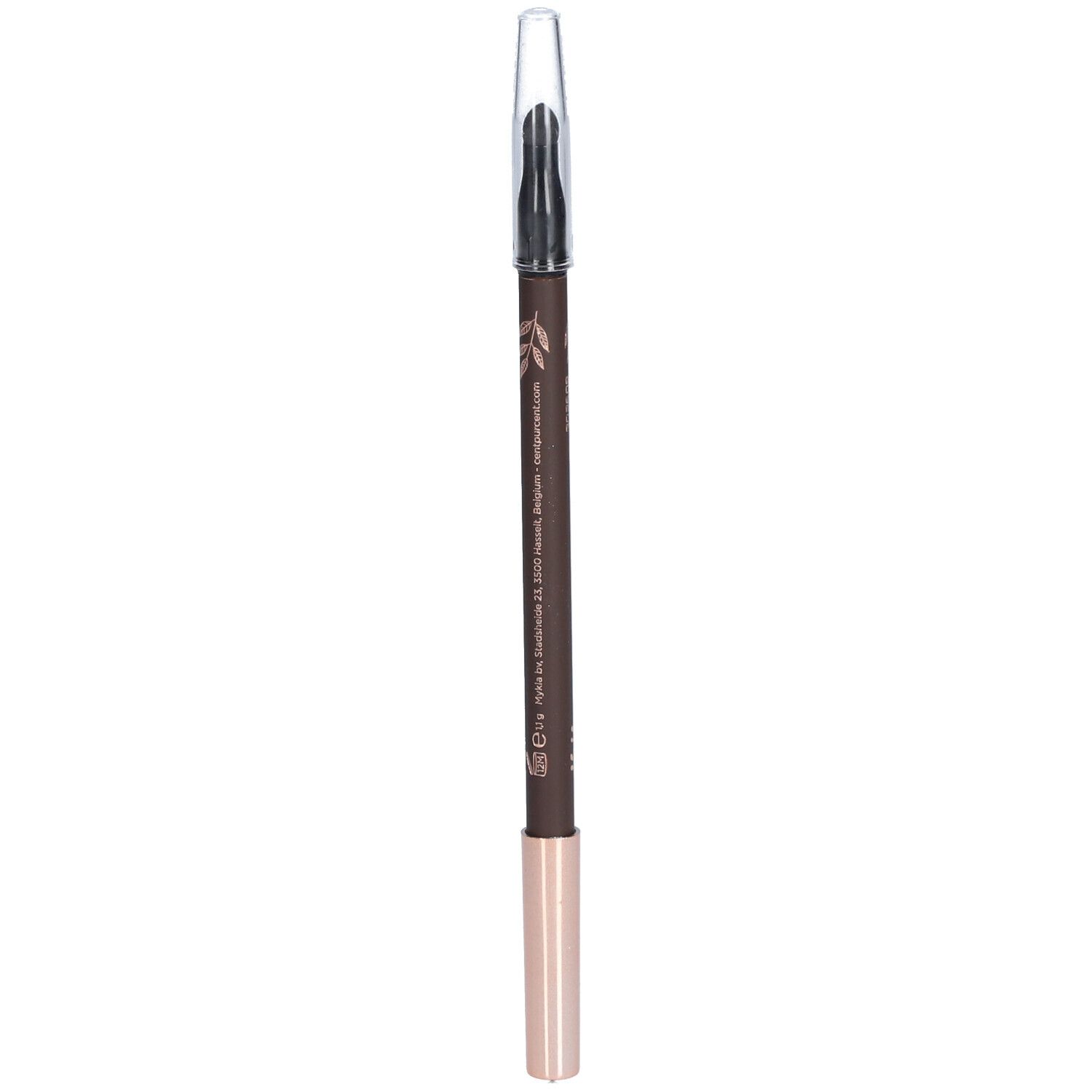 Crayon pour les yeux brun avec capuchon transparent. Inscription : CENT PUR CENT.