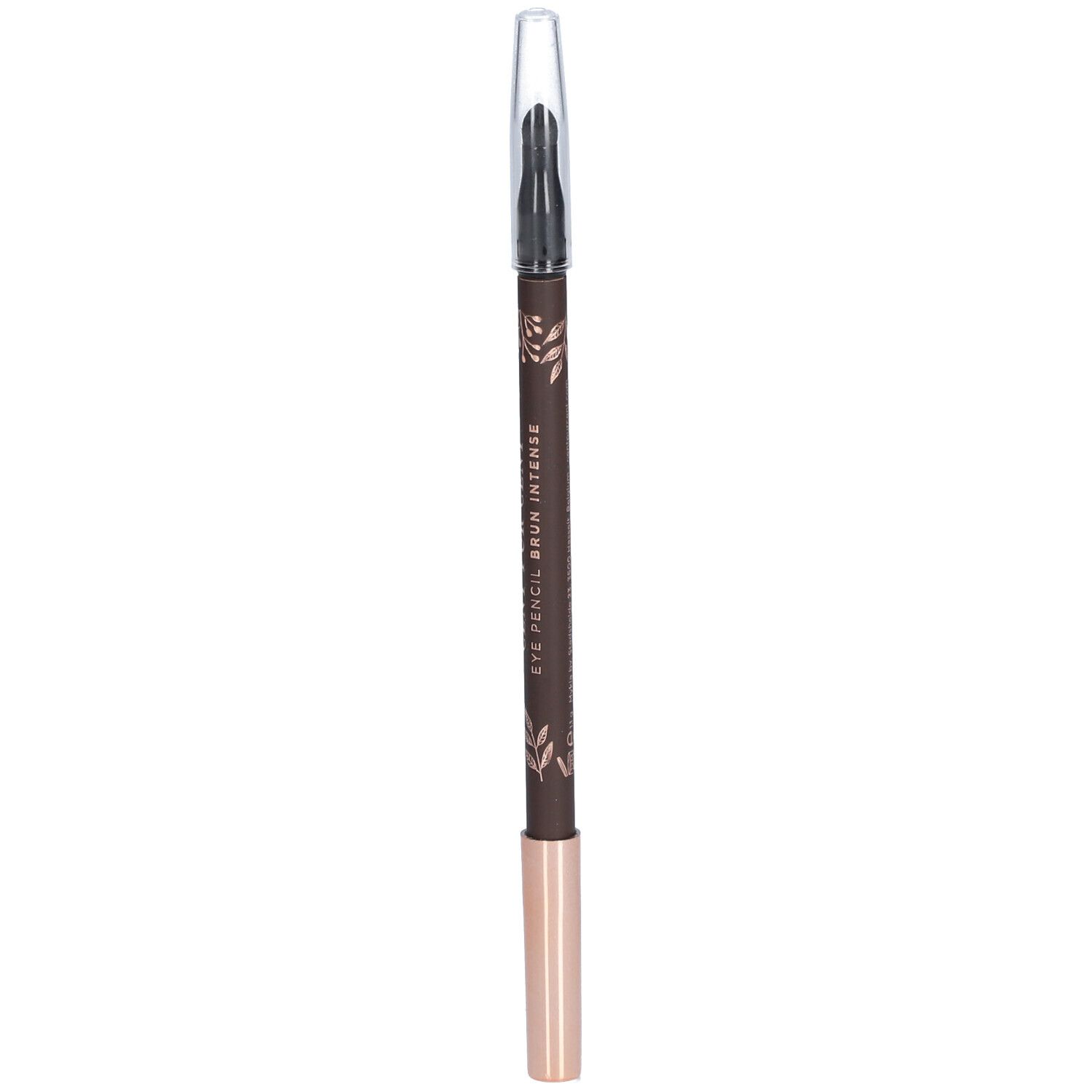 Crayon pour les yeux brun avec capuchon transparent. Inscription : EYE PENCIL BRUN INTENSE.