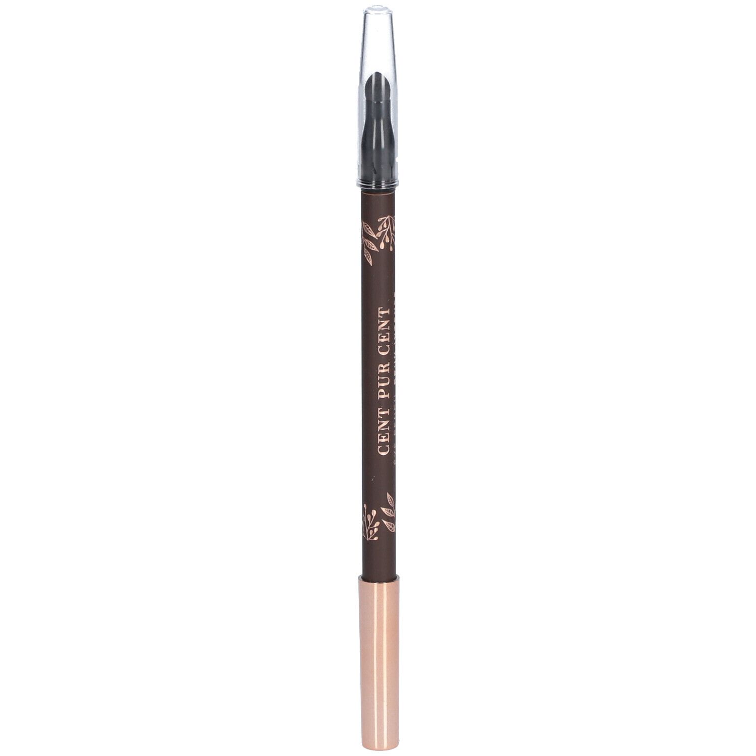 Crayon pour les yeux brun avec capuchon transparent. Inscription : CENT PUR CENT.