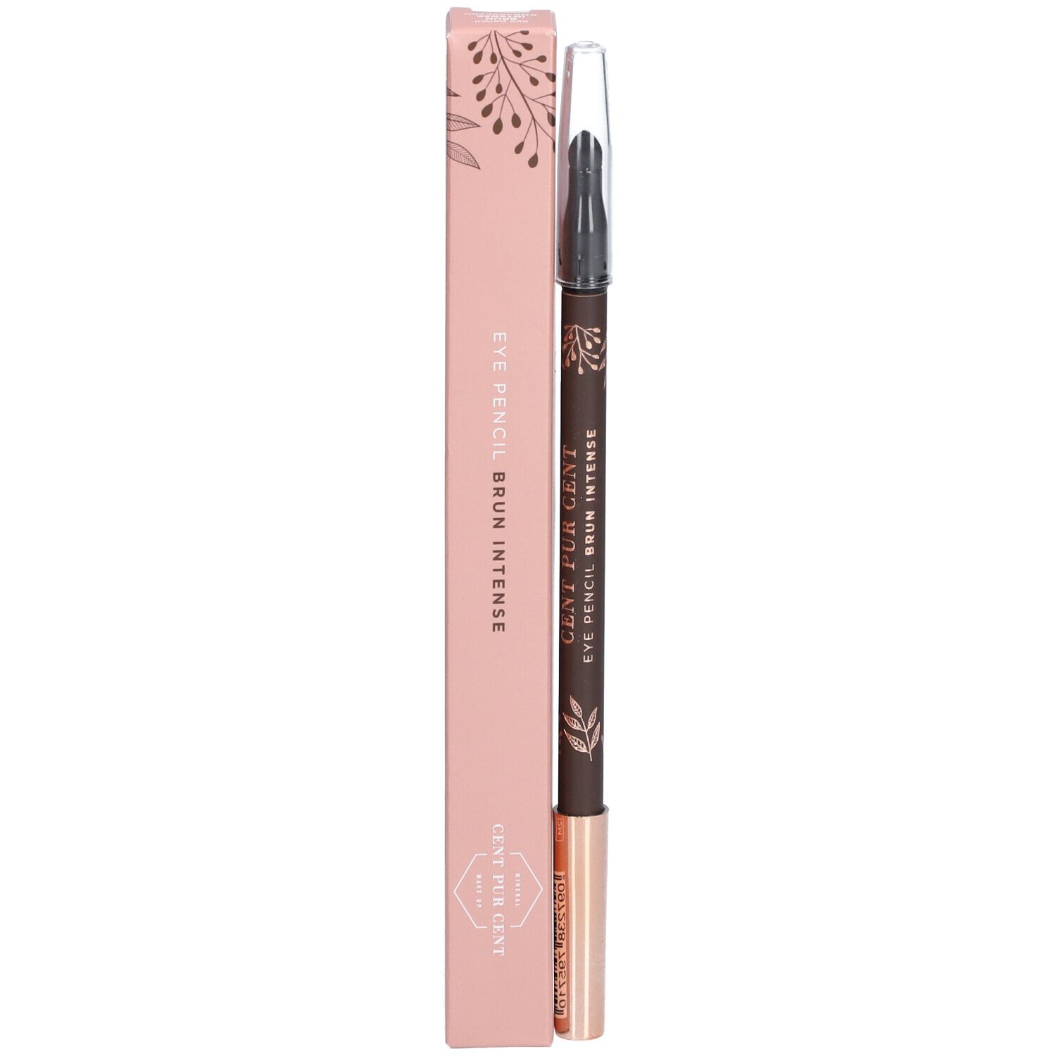 Crayon pour les yeux brun dans un emballage rose. Inscription : EYE PENCIL BRUN INTENSE, CENT PUR CENT.