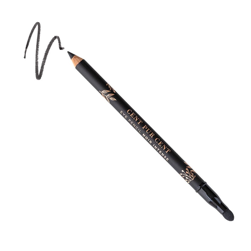 Crayon pour les yeux noir avec détails dorés. Inscription: CENT PUR CENT EYE PENCIL NOIR INTENSE. Traits noirs.