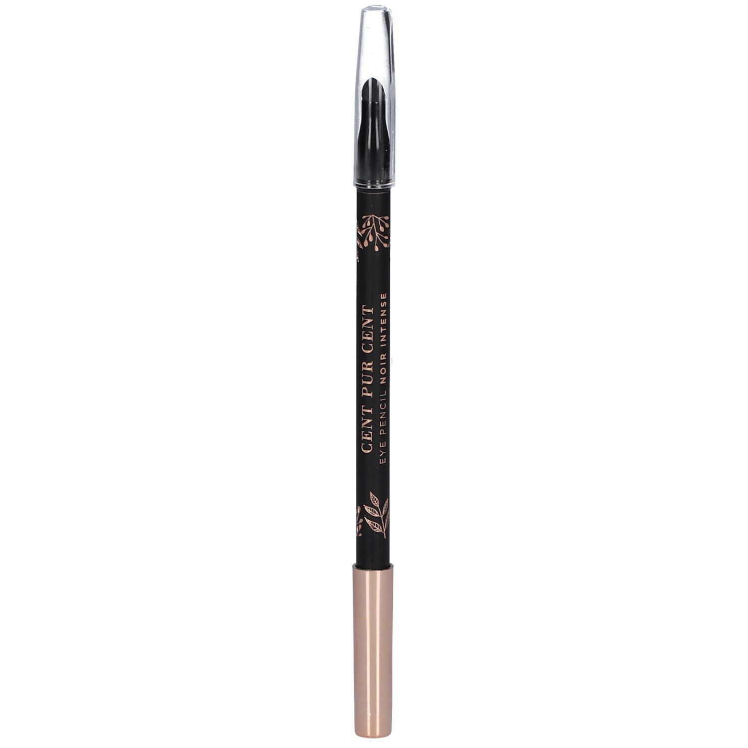 Crayon pour les yeux noir avec détails dorés et capuchon transparent. Inscription: CENT PUR CENT EYE PENCIL NOIR INTENSE.