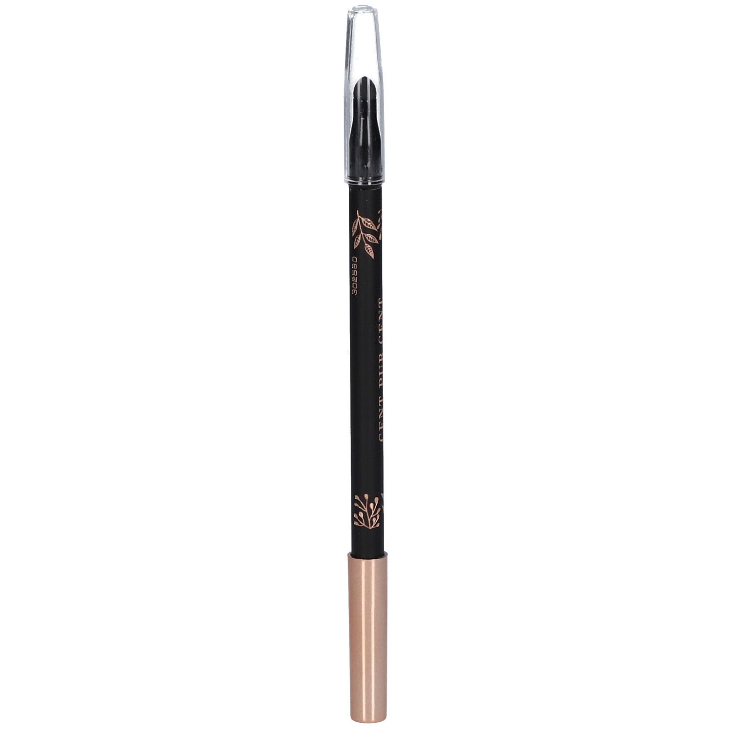 Crayon pour les yeux noir avec détails dorés et capuchon transparent. Inscription: CENT PUR CENT EYE PENCIL NOIR INTENSE.