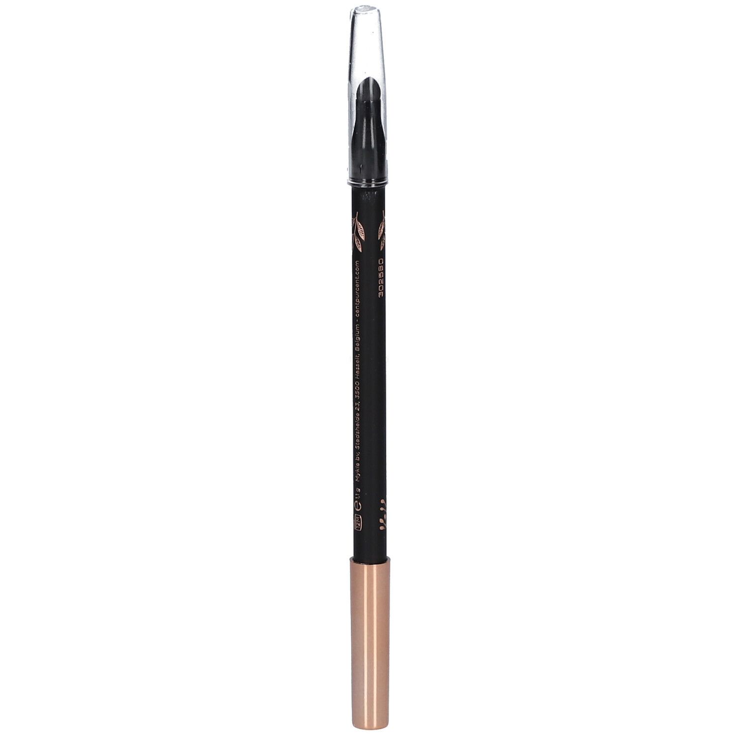 Crayon pour les yeux noir avec détails dorés et capuchon transparent. Inscription: CENT PUR CENT EYE PENCIL NOIR INTENSE.