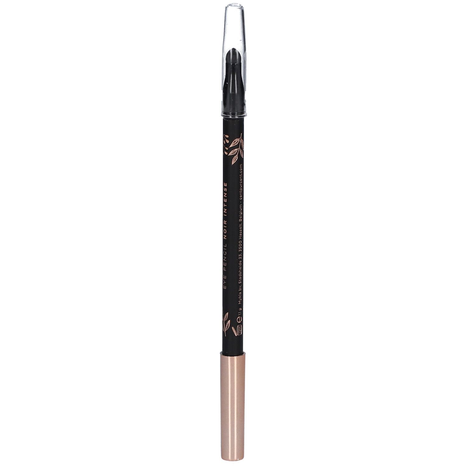 Crayon pour les yeux noir avec détails dorés et capuchon transparent. Inscription: CENT PUR CENT EYE PENCIL NOIR INTENSE.
