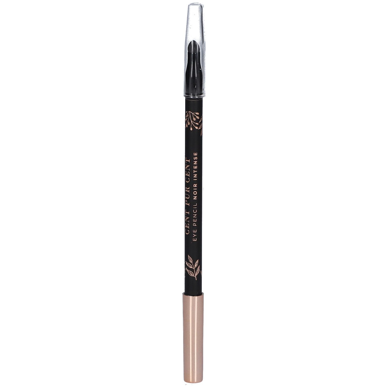 Crayon pour les yeux noir avec détails dorés et capuchon transparent. Inscription: CENT PUR CENT EYE PENCIL NOIR INTENSE.
