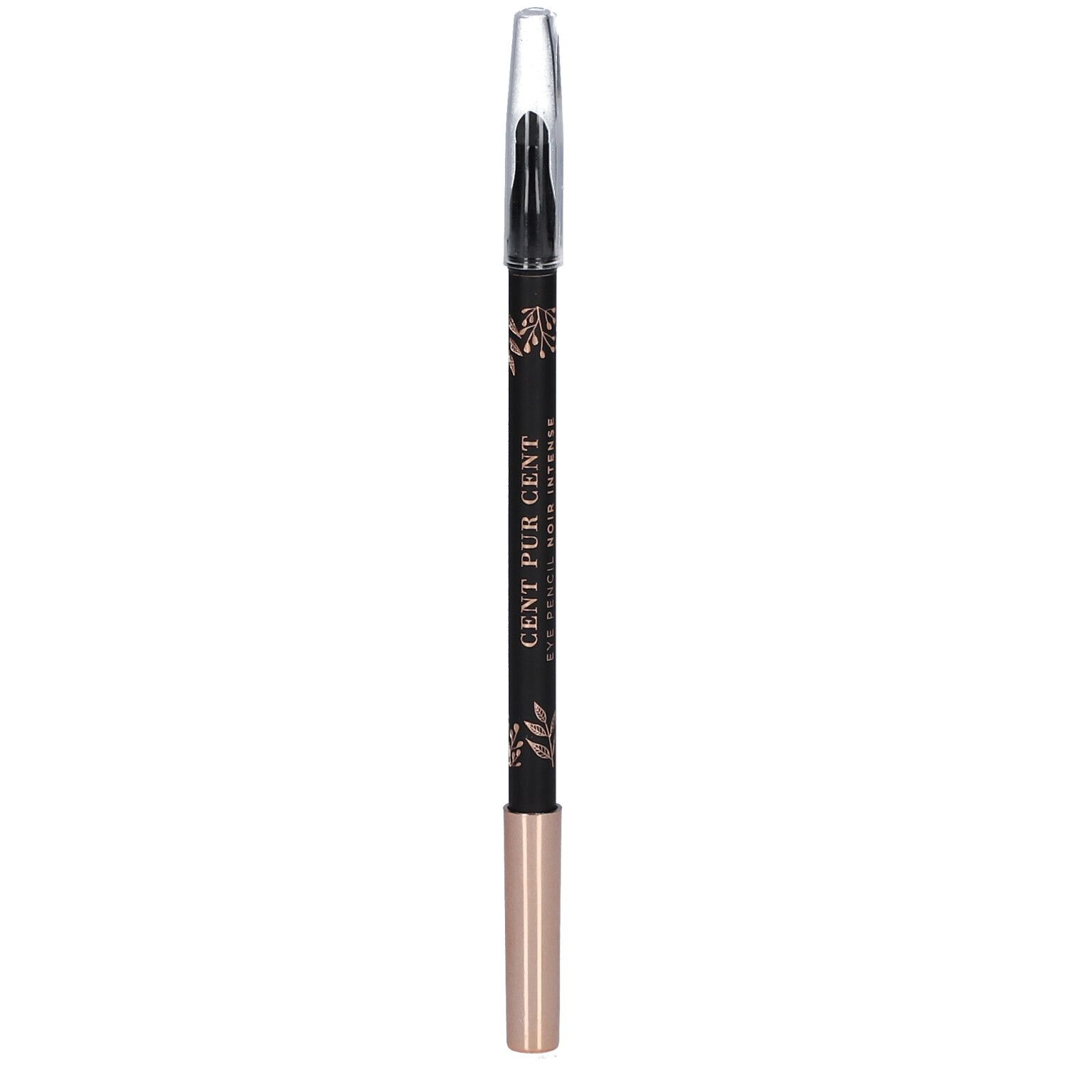 Crayon pour les yeux noir avec détails dorés et capuchon transparent. Inscription: CENT PUR CENT EYE PENCIL NOIR INTENSE.