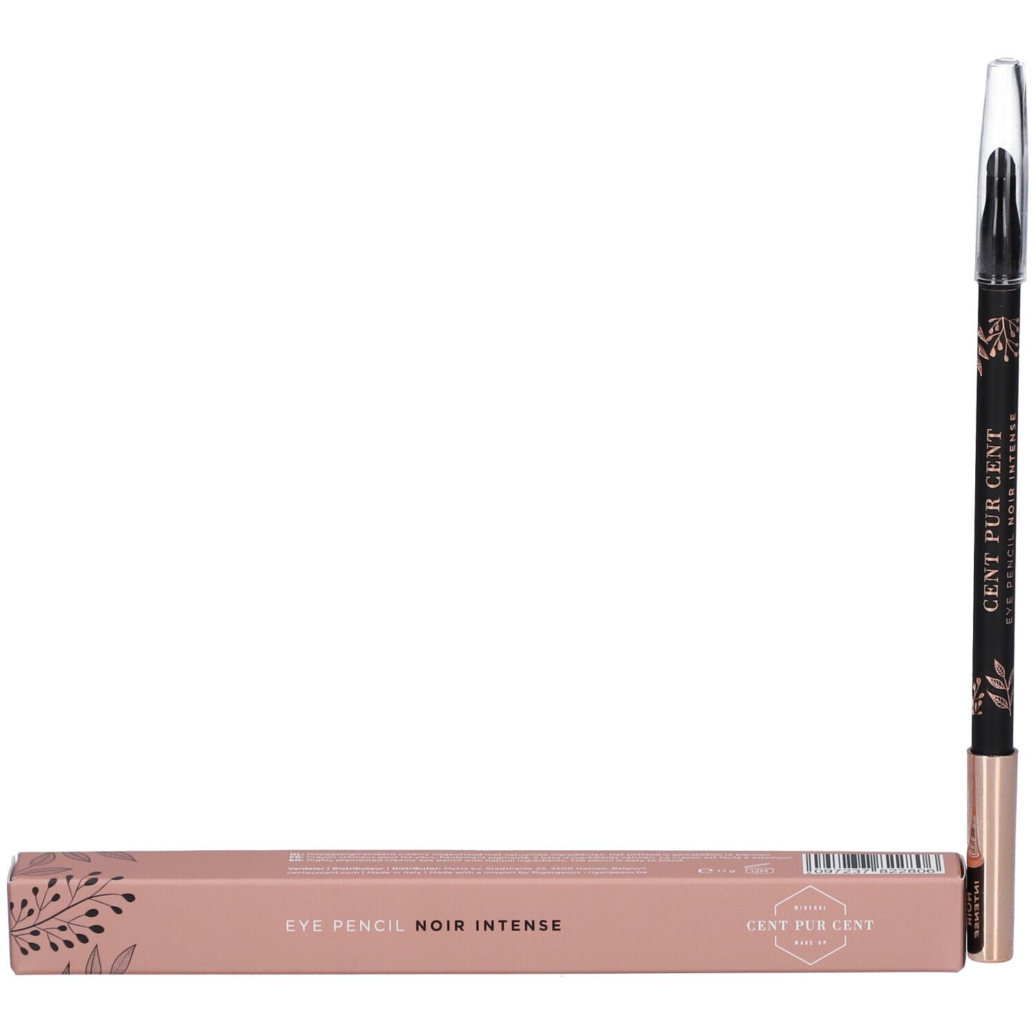 Crayon pour les yeux et emballage. Crayon noir avec détails dorés. Emballage rose avec inscription: EYE PENCIL NOIR INTENSE.