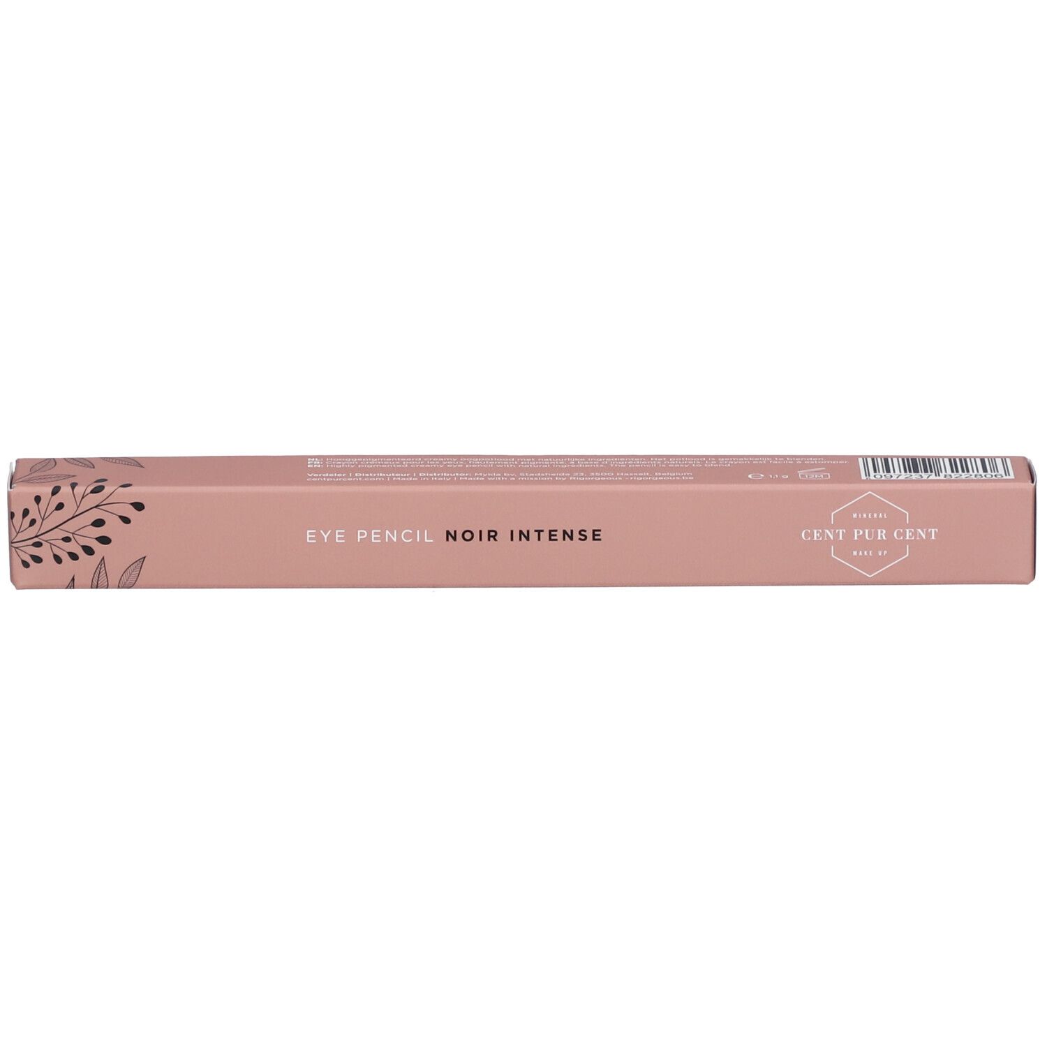 Emballage rose avec inscription: EYE PENCIL NOIR INTENSE. Logo CENT PUR CENT.