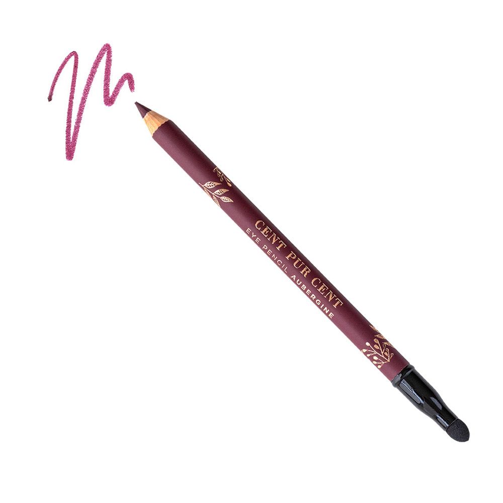 Crayon pour les yeux aubergine avec trait. Le crayon a une pointe dorée et un capuchon transparent.