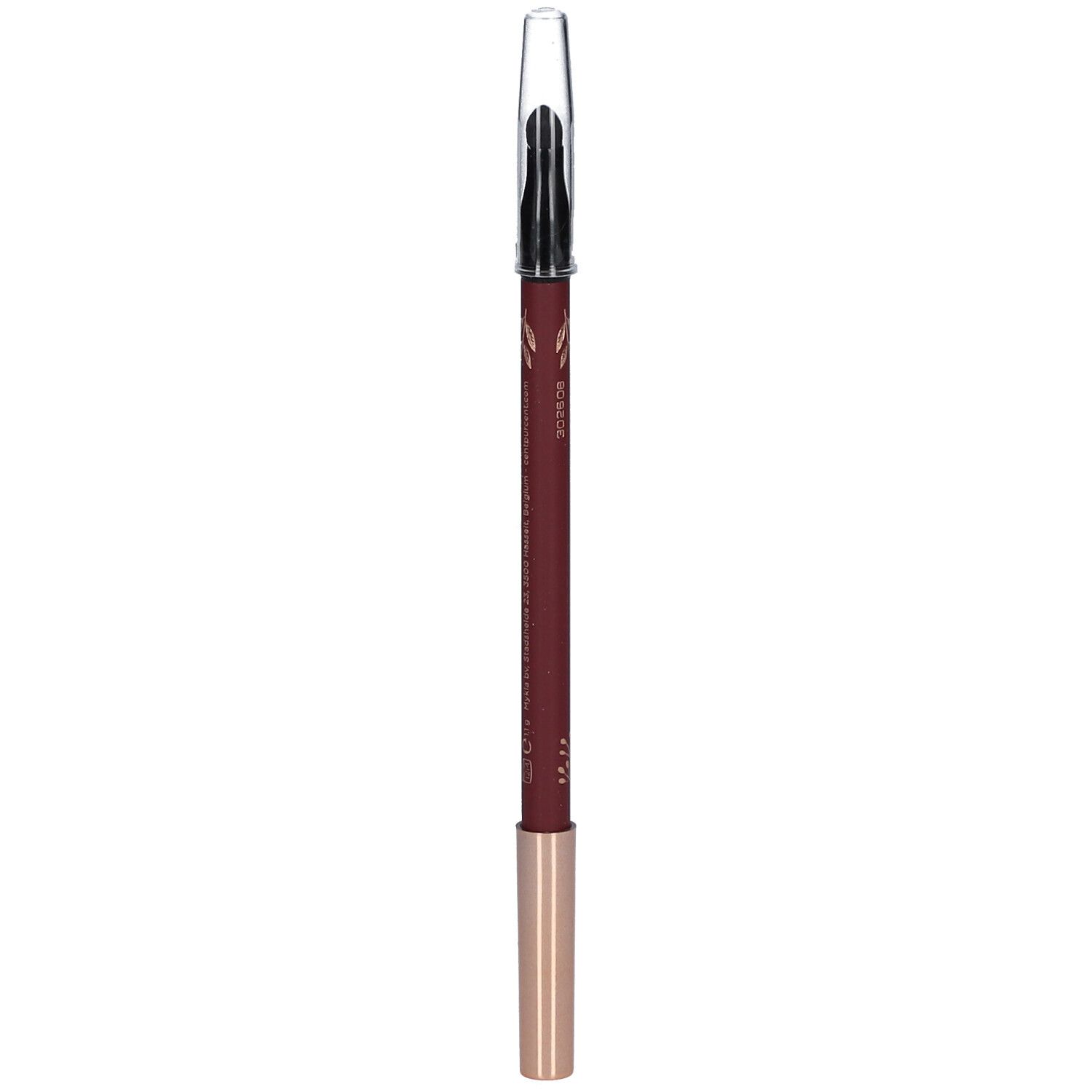 Crayon pour les yeux aubergine avec pointe dorée et capuchon transparent. Orné de motifs floraux.