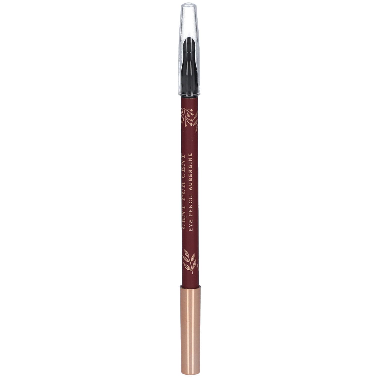 Crayon pour les yeux aubergine avec pointe dorée et capuchon transparent. Orné de motifs floraux.