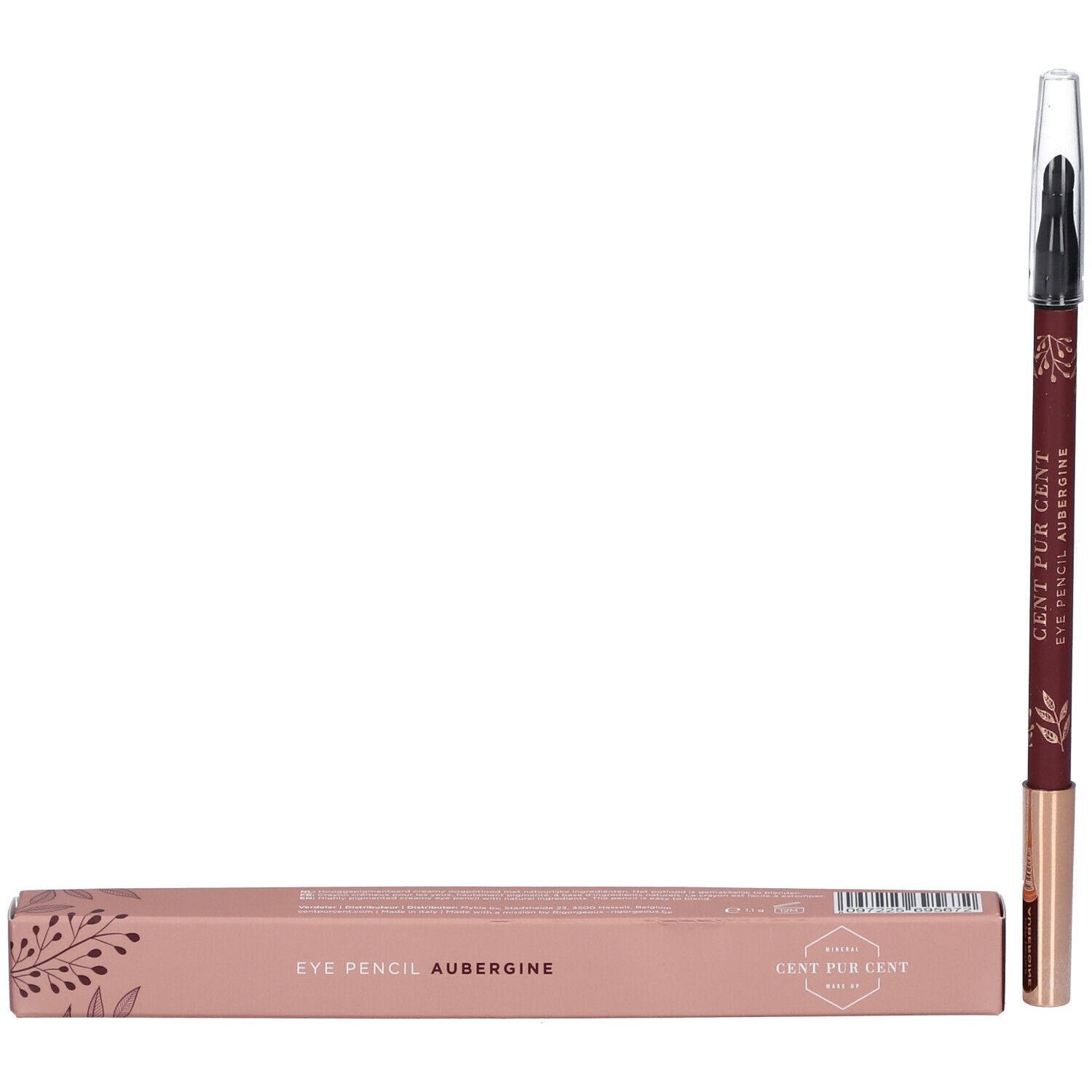Crayon pour les yeux et emballage. L'emballage est rose avec des motifs floraux et l'inscription 'Eye Pencil Aubergine'.