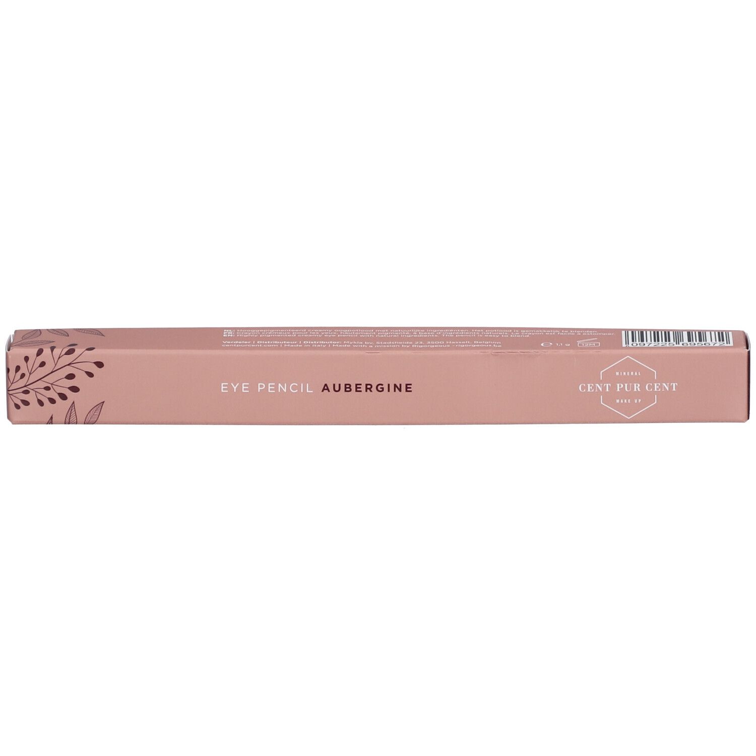 Emballage rose avec motifs floraux et l'inscription 'Eye Pencil Aubergine'.