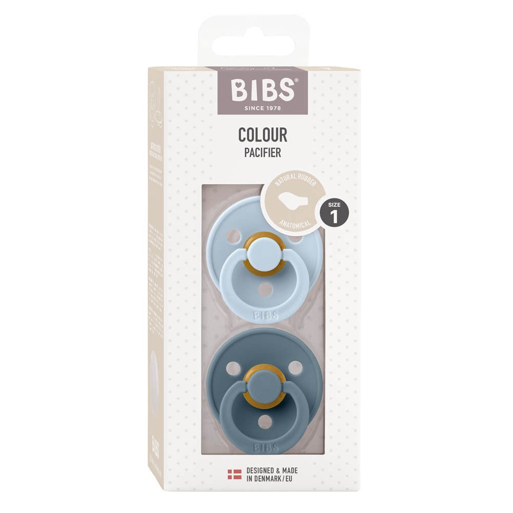 Emballage avec deux sucettes bleu pétrole. Marque BIBS. Taille 1. Forme anatomique.