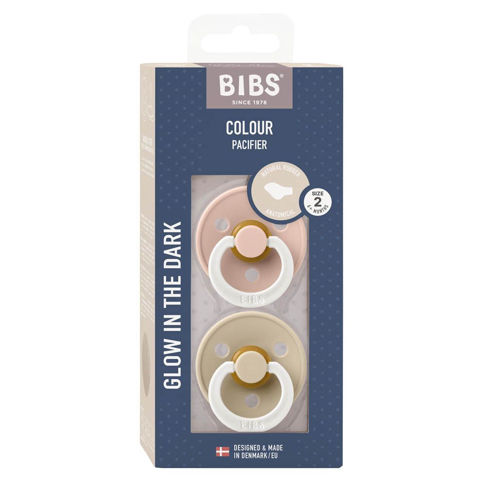 Emballage de deux sucettes roses et beiges. Logo BIBS, 'Colour Pacifier'. Taille 2, 6-18 mois.