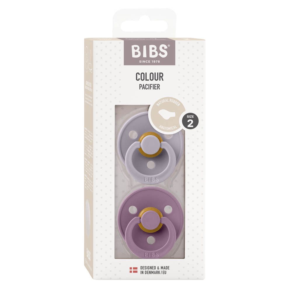 Verpackung mit zwei Schnullern. Hellgrau und lila. Marke BIBS, Größe 2.