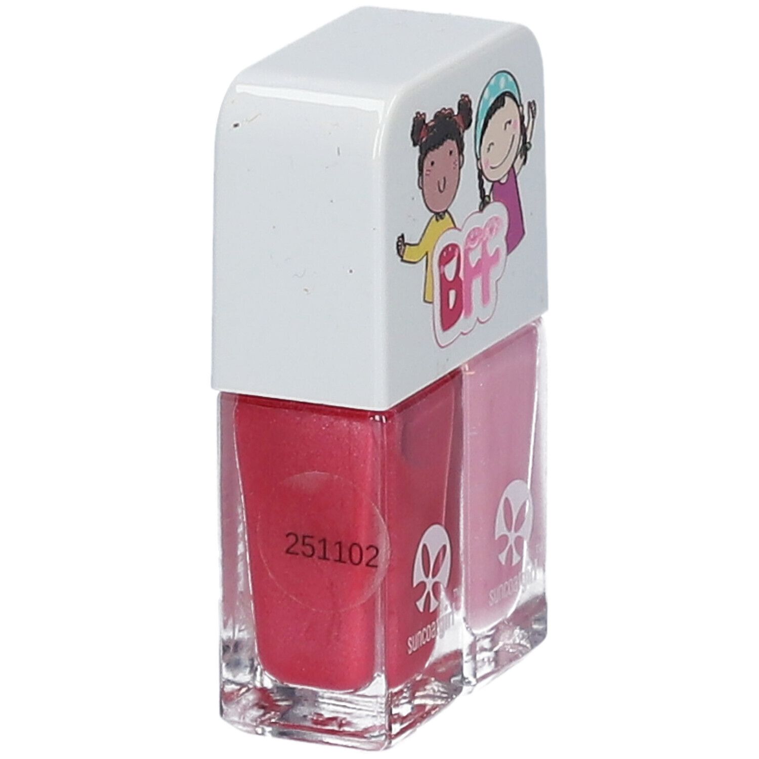 Vernis à ongles double. Deux couleurs dans des flacons transparents. Illustration BFF et logo sur le couvercle.