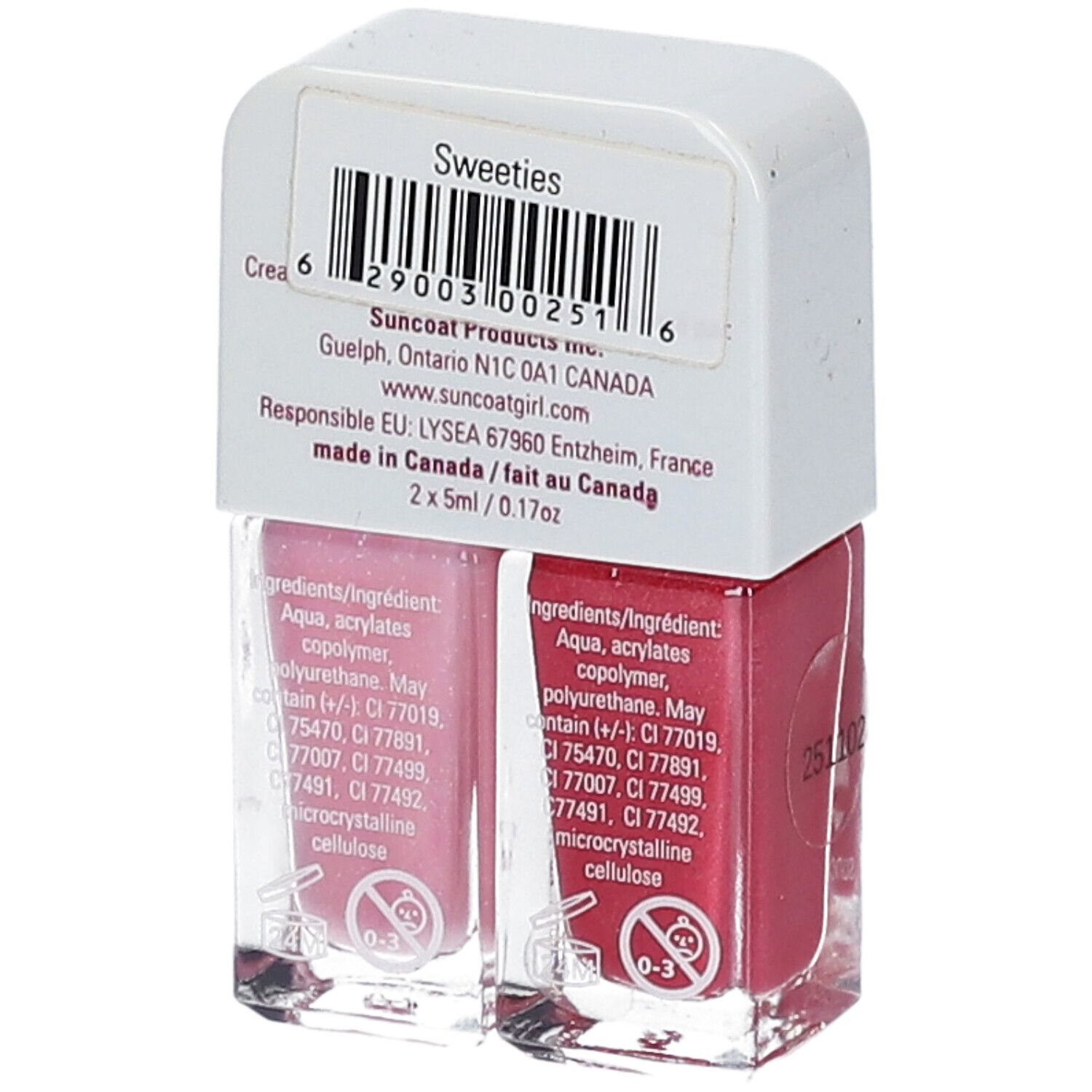 Vernis à ongles double. Dos avec ingrédients, code-barres et informations du fabricant. Deux flacons.